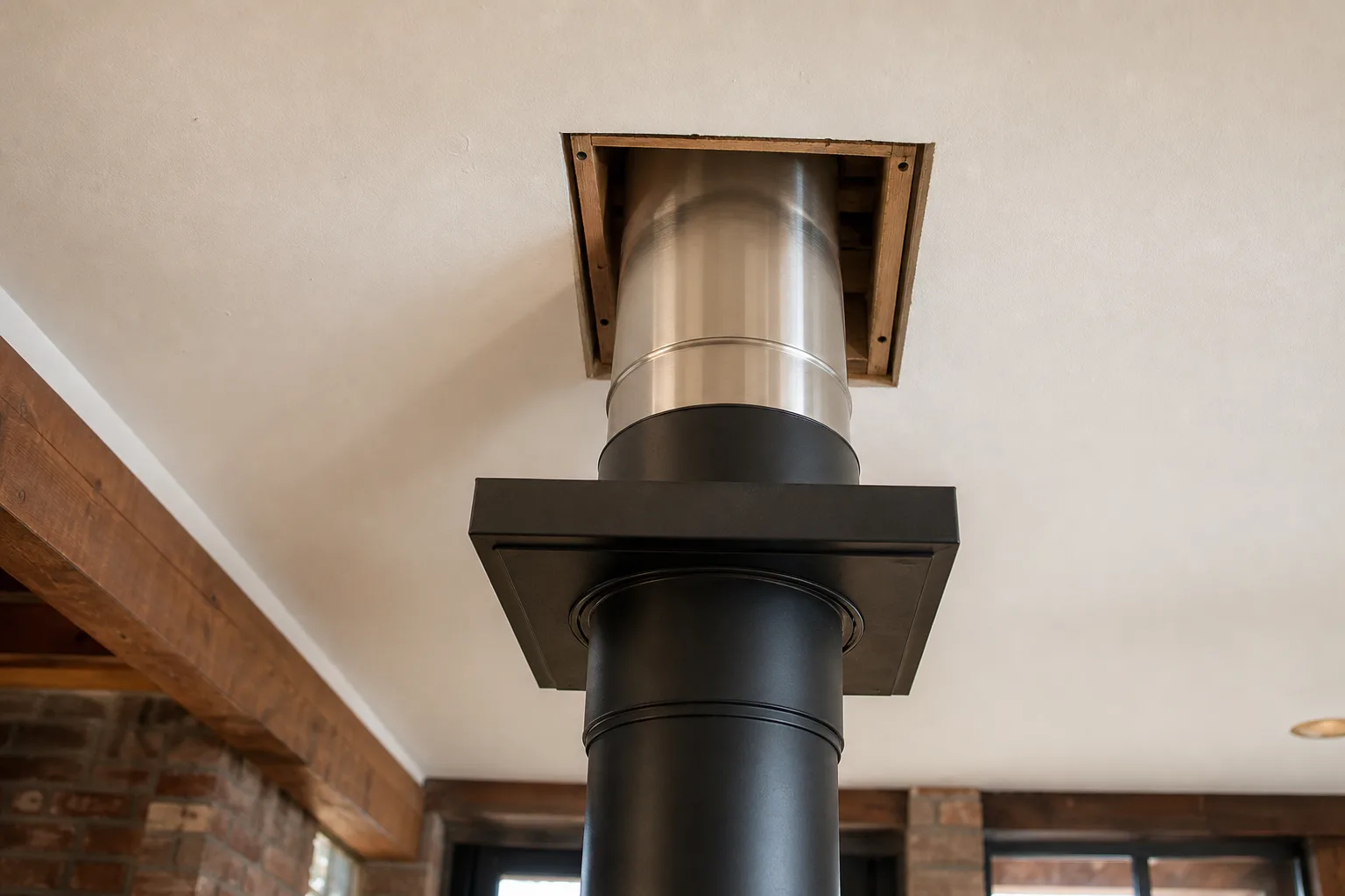 double wall chimney pipe in black meeting silver Class A insulated chimney at a ceiling support box
