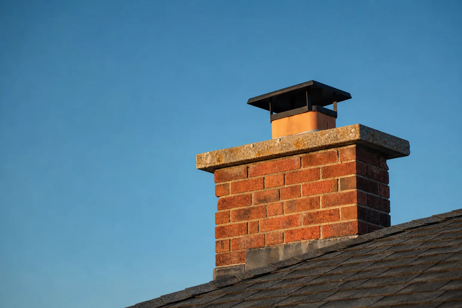 concrete chimney crown on a red brick stack, its projecting edge casting a shadow line on the brick at golden hour
