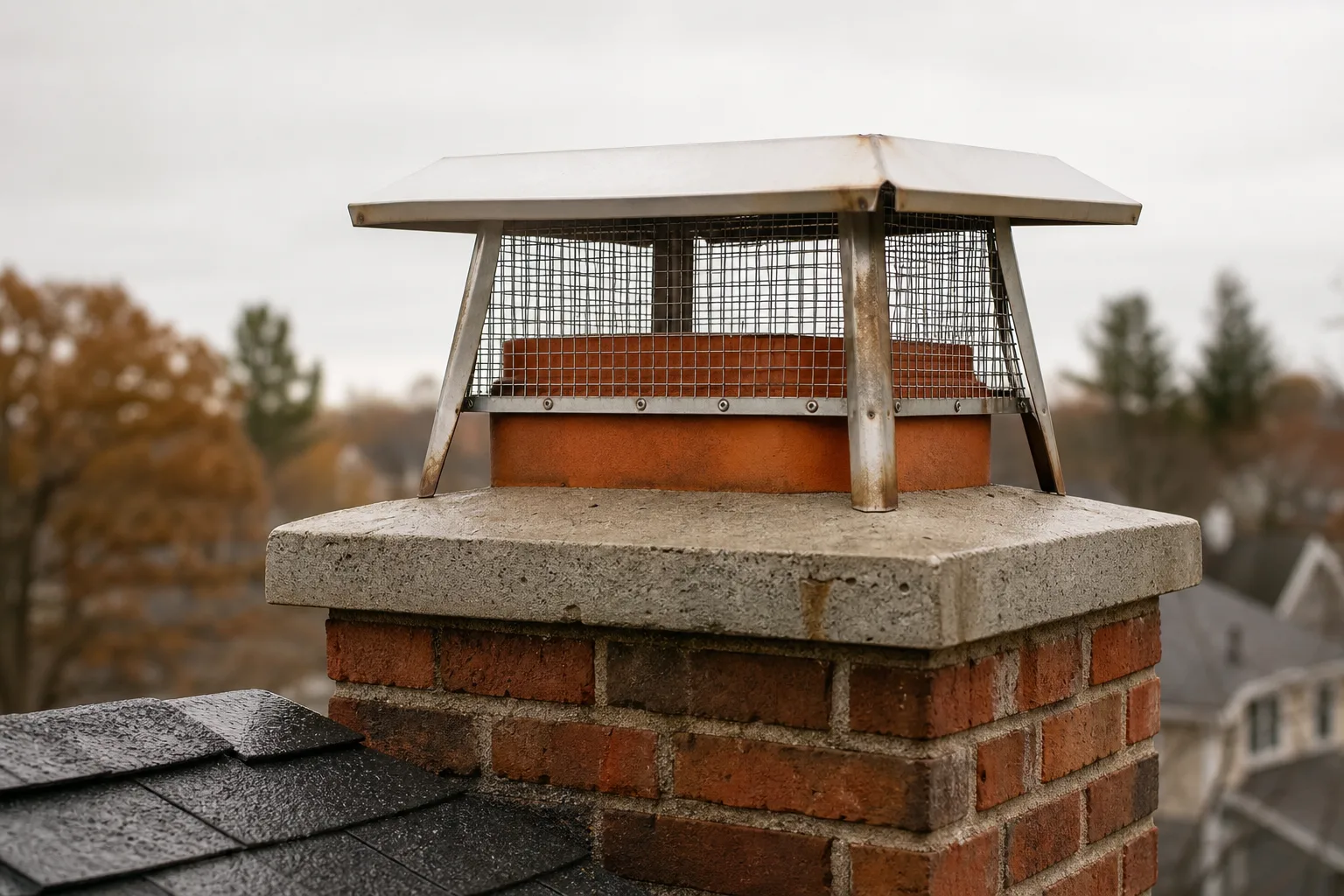 concrete chimney crown slab with the metal chimney cap mounted above the clay flue tile, showing the two separate parts