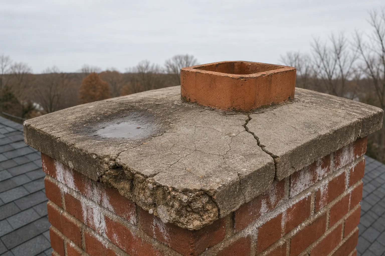 concrete chimney crown in typical failing condition with map cracking, a broken corner, standing water and efflorescence on the brick below