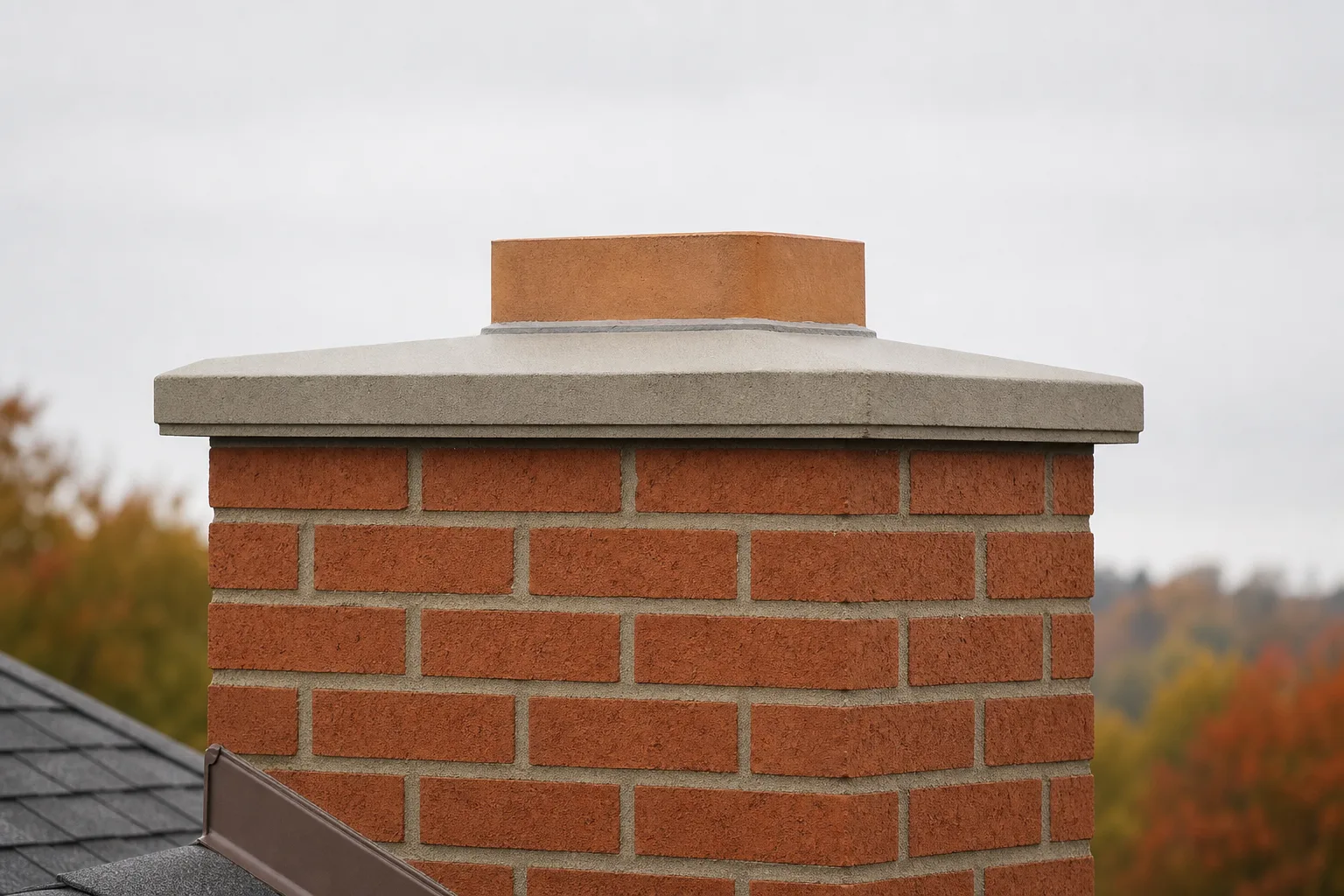 concrete chimney crown in sound condition, same stack and angle, with an even slope, projecting edge and visible drip edge