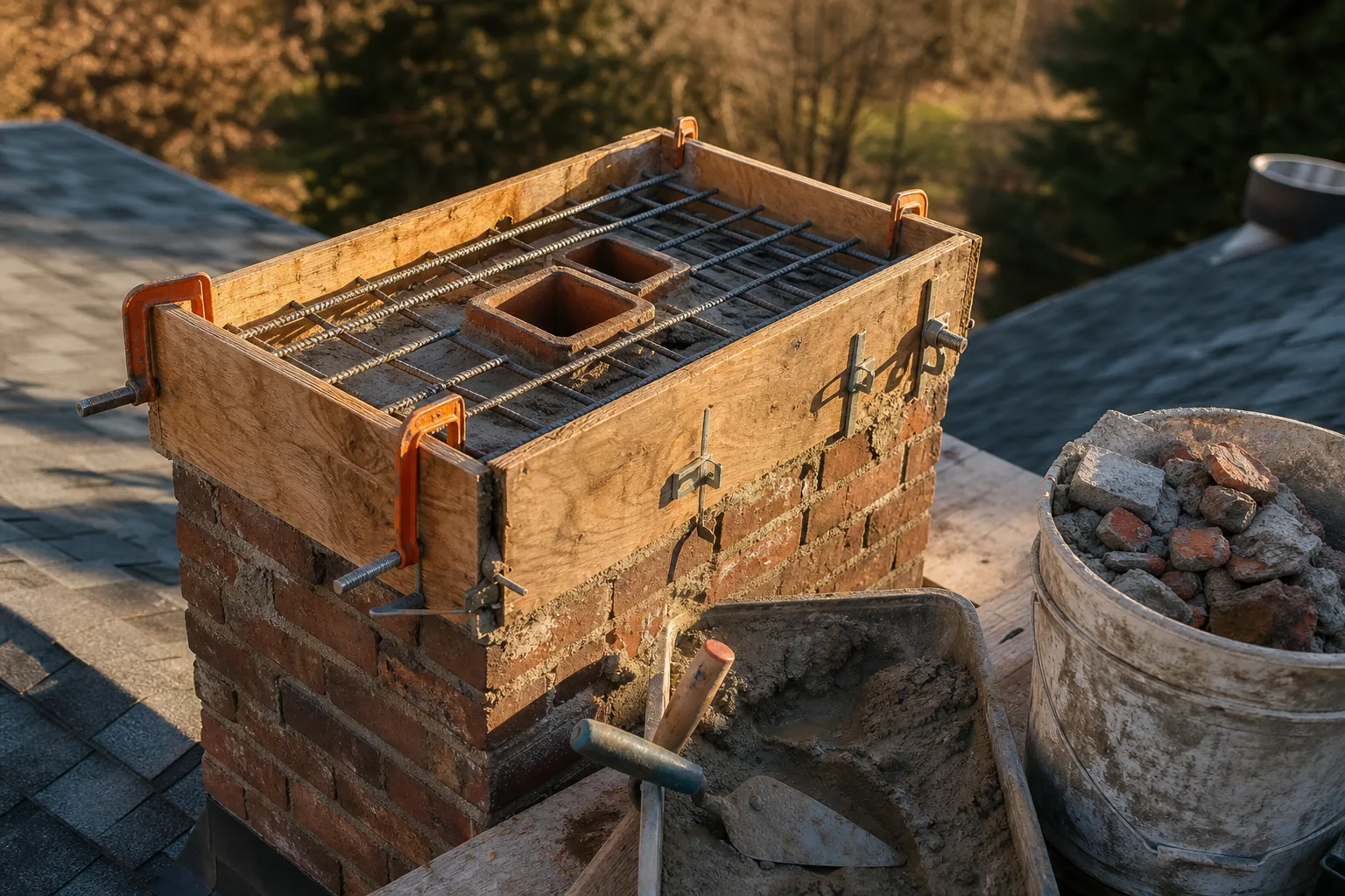 concrete chimney crown rebuild in progress with forms clamped to the brick stack and reinforcing mesh laid in place