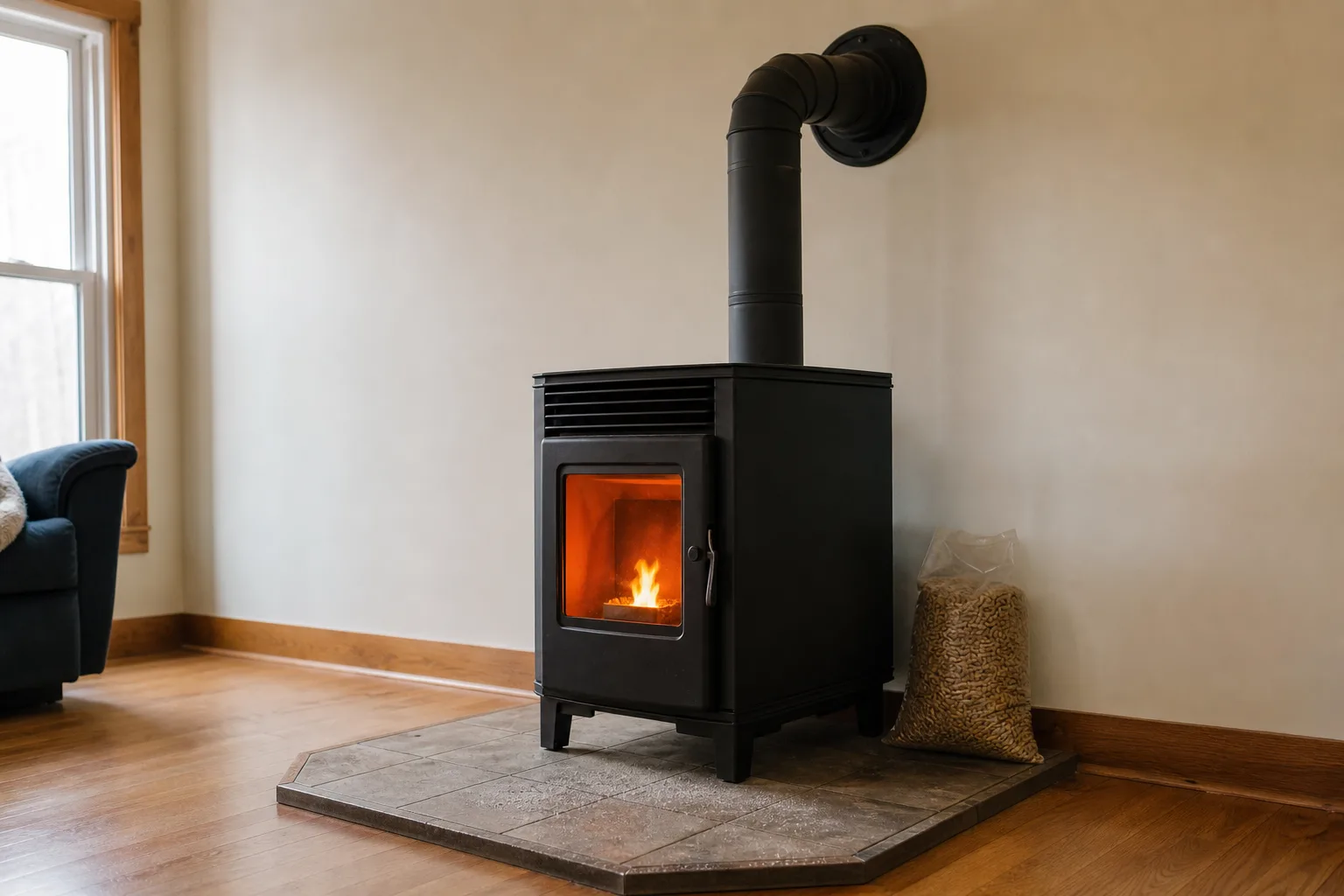 how often to clean chimney by fuel type: a pellet stove and its black stove pipe