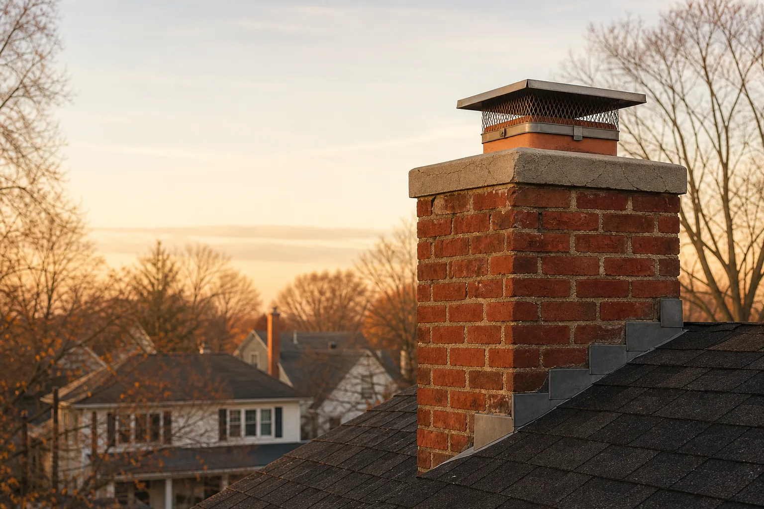 how often to clean chimney: a weathered brick chimney and steel cap on an autumn roofline
