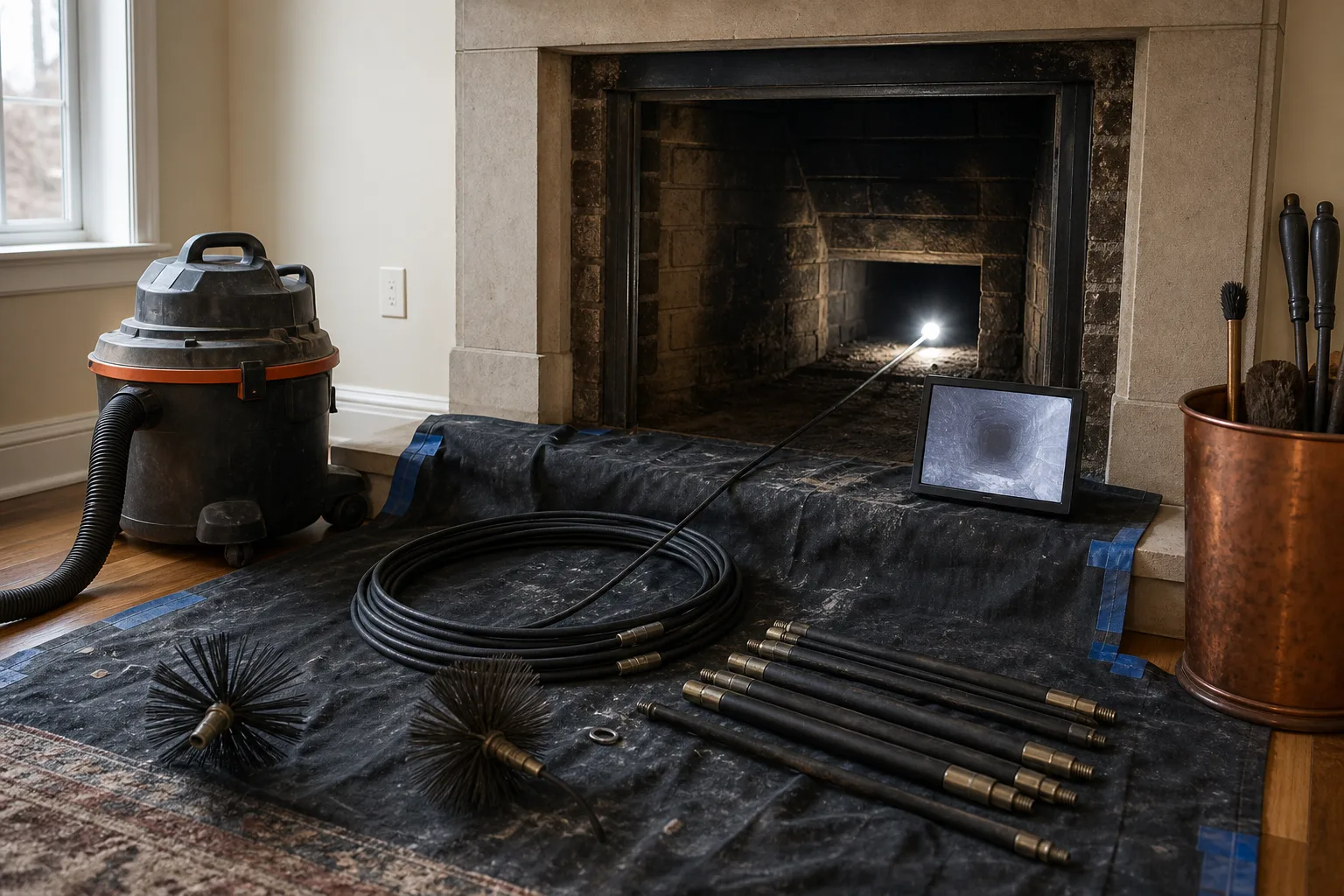 how often to clean chimney versus inspect it: inspection camera and brushes at an open firebox