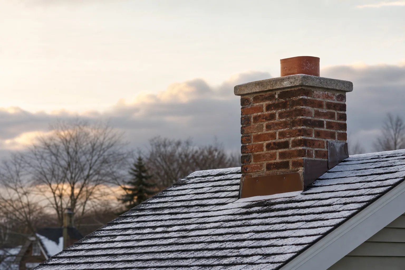 Brick chimney and shingled roof under the first dusting of lake-effect snow at dawn
