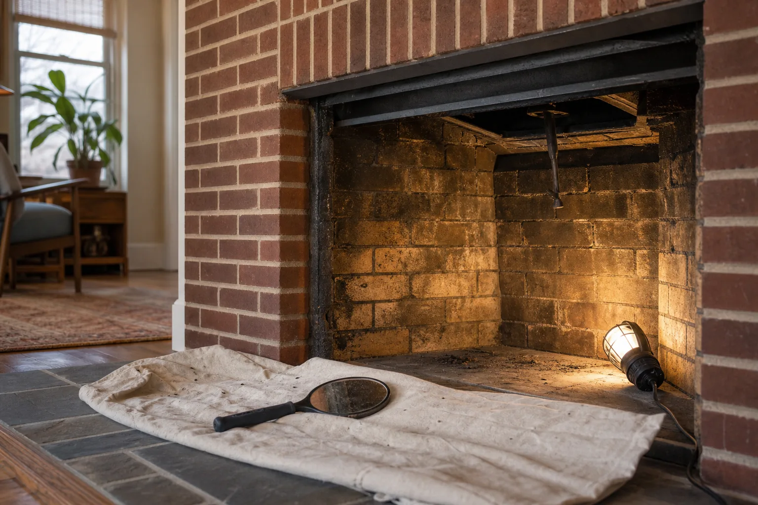 Inspection light shining inside an open brick firebox showing mortar joints and damper