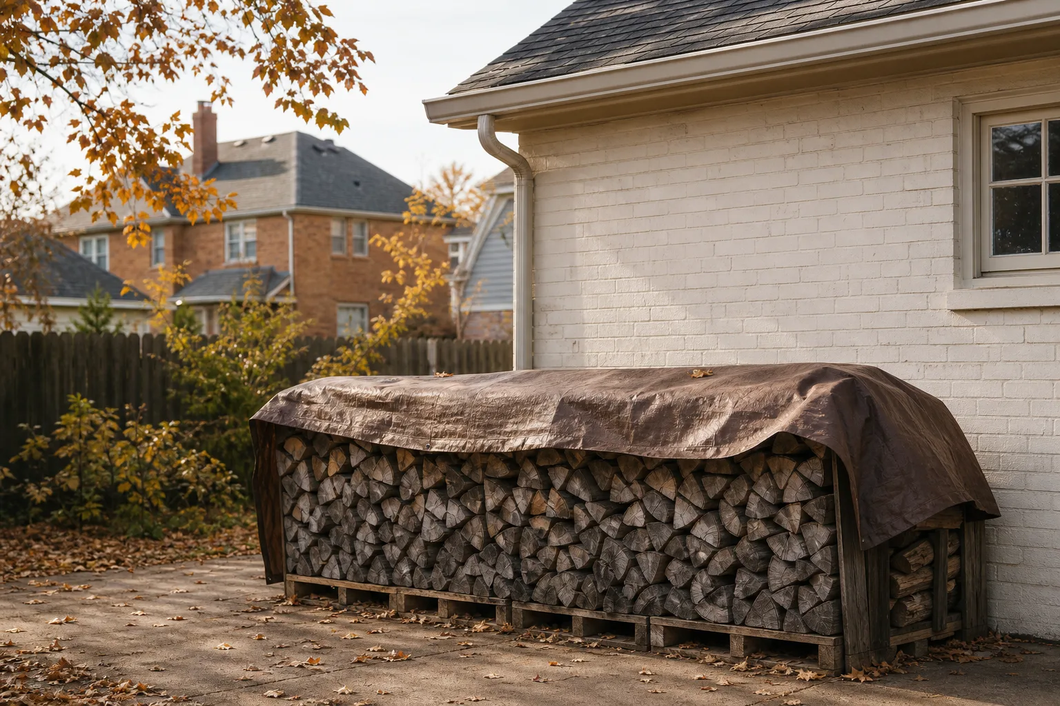 Split hardwood firewood stacked off the ground with a tarp covering the top