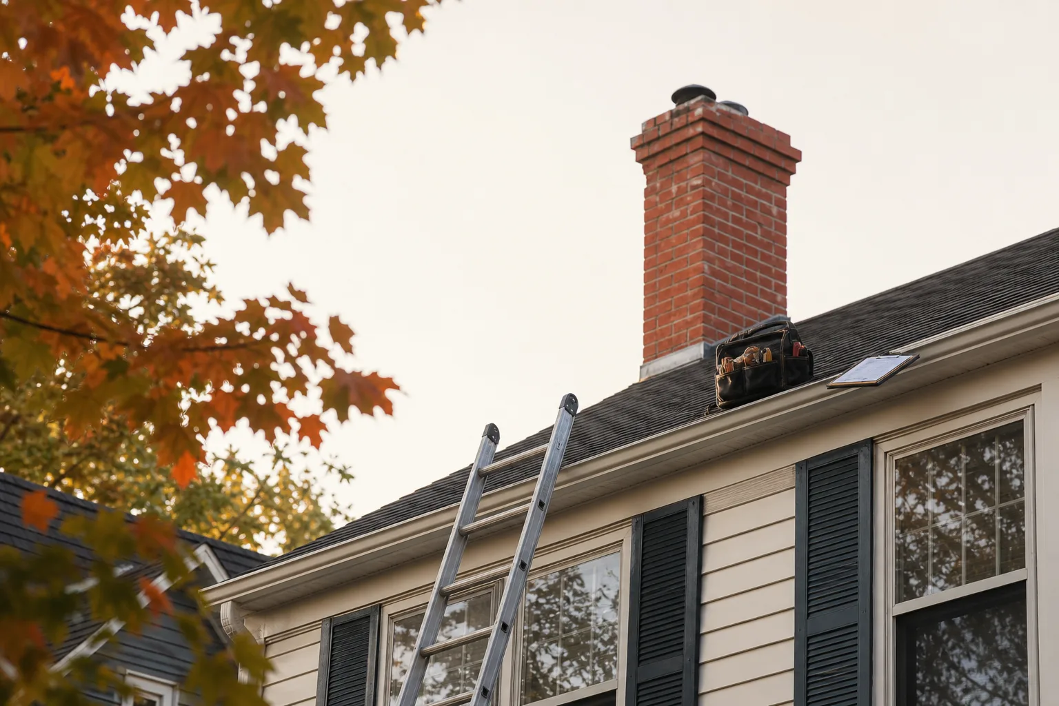 Ladder and tools set against a brick chimney on an Ohio home in early autumn
