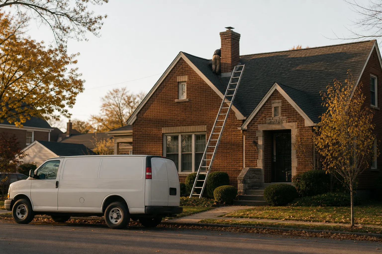 Ladder set against a suburban Ohio home's roof near the chimney with service van at curb
