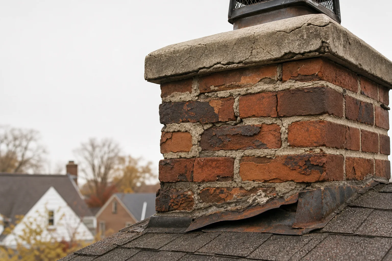 Cracked crown, spalled brick and lifted rusted flashing on a weathered chimney