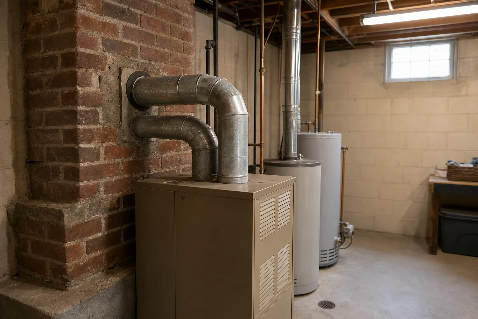 Furnace and water heater vent pipes joining a masonry chimney in a basement