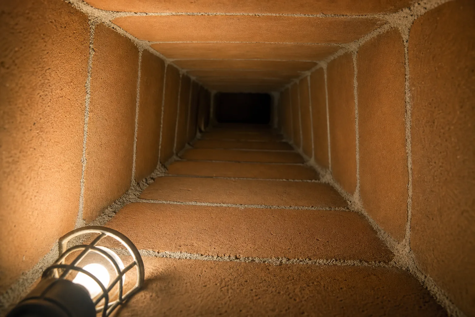 Creosote log comparison view of the same flue interior in sound condition with clean tile walls and visible mortar joints