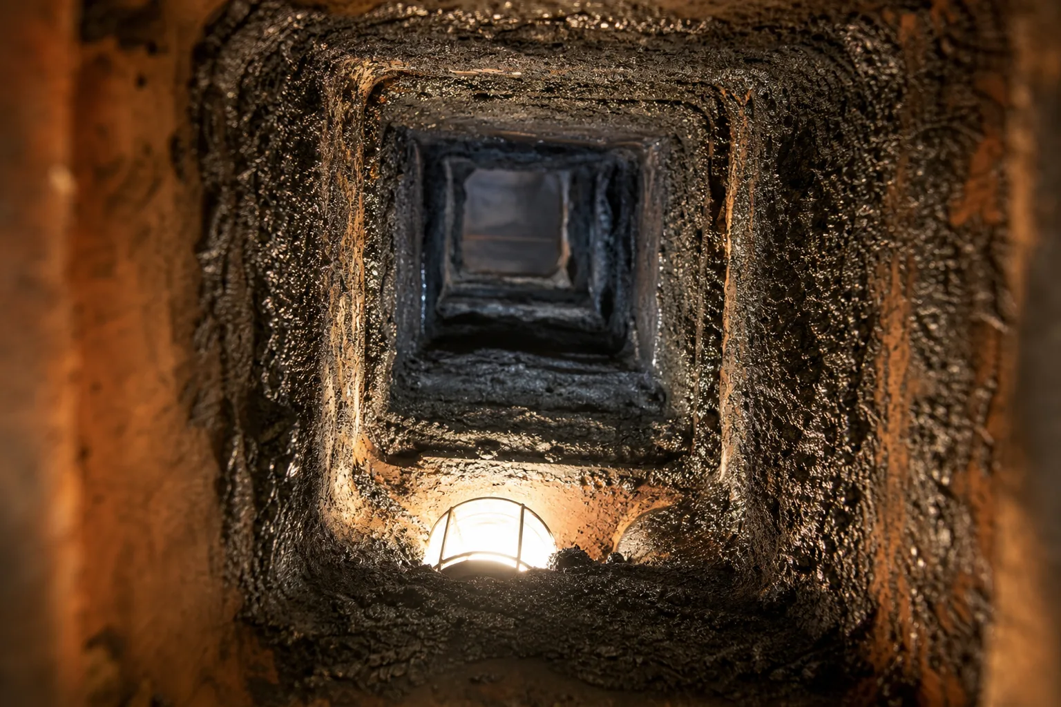 Creosote log inspection view of a worn flue interior with heavy dark creosote buildup on the tile walls, typical condition