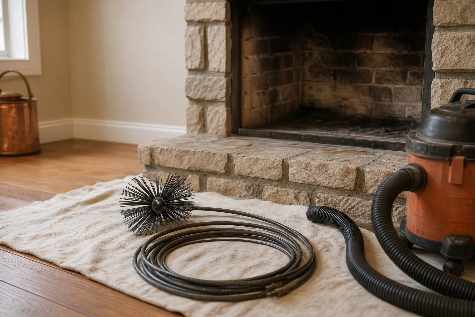 Creosote log alternative shown as a chimney sweep rotary brush and rod set laid out beside a firebox