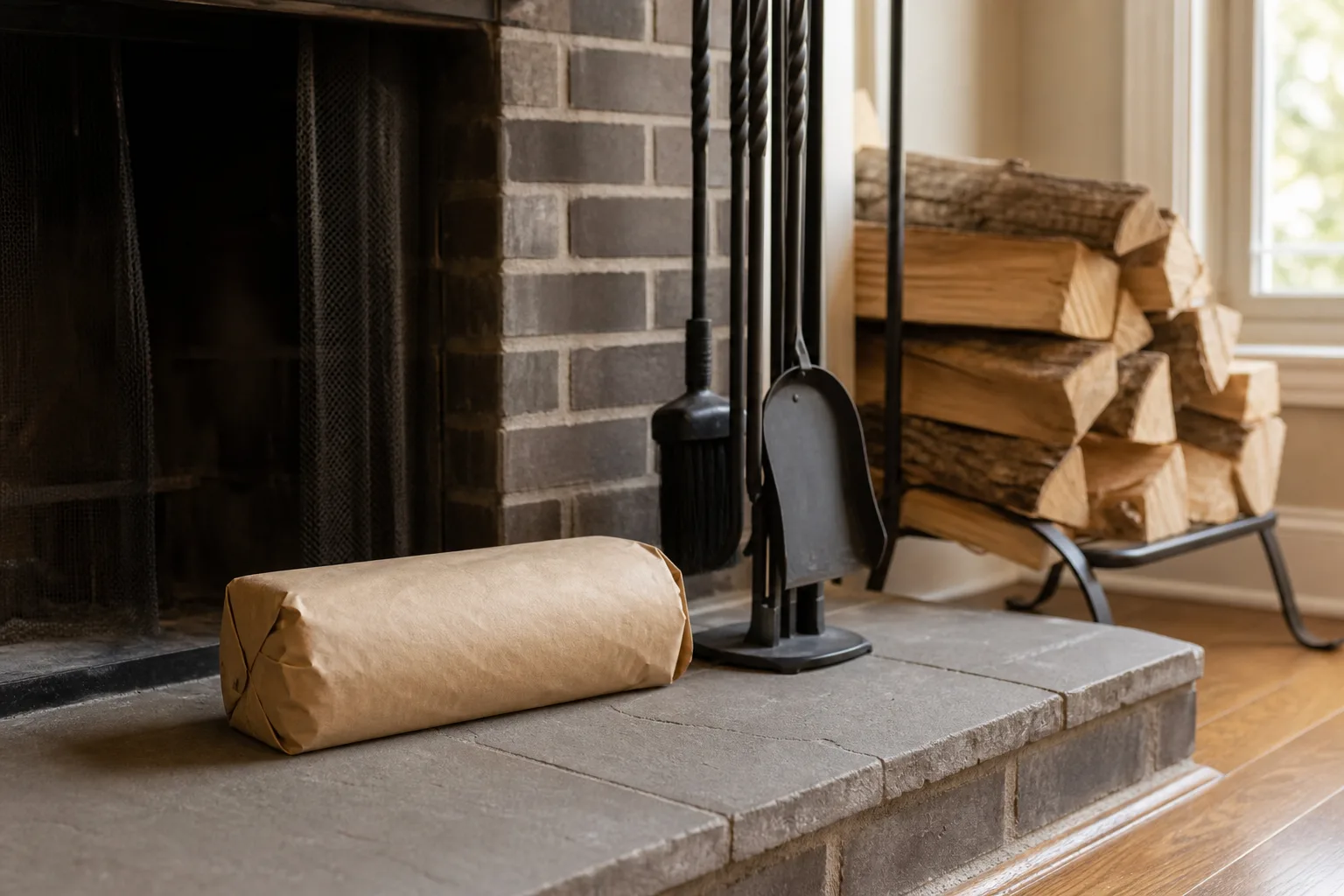 Creosote log packaging on a hearth next to fireplace tools and a stacked wood pile