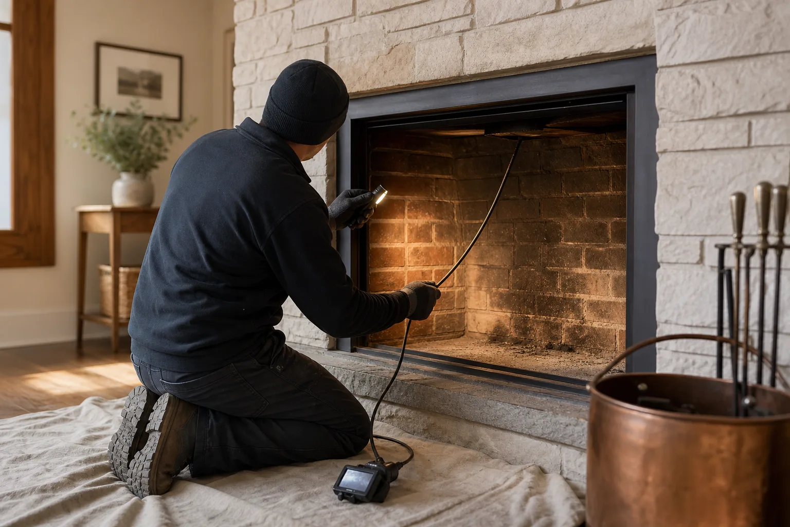 Creosote log follow-up inspection with a chimney professional examining a flue interior using a camera and work light
