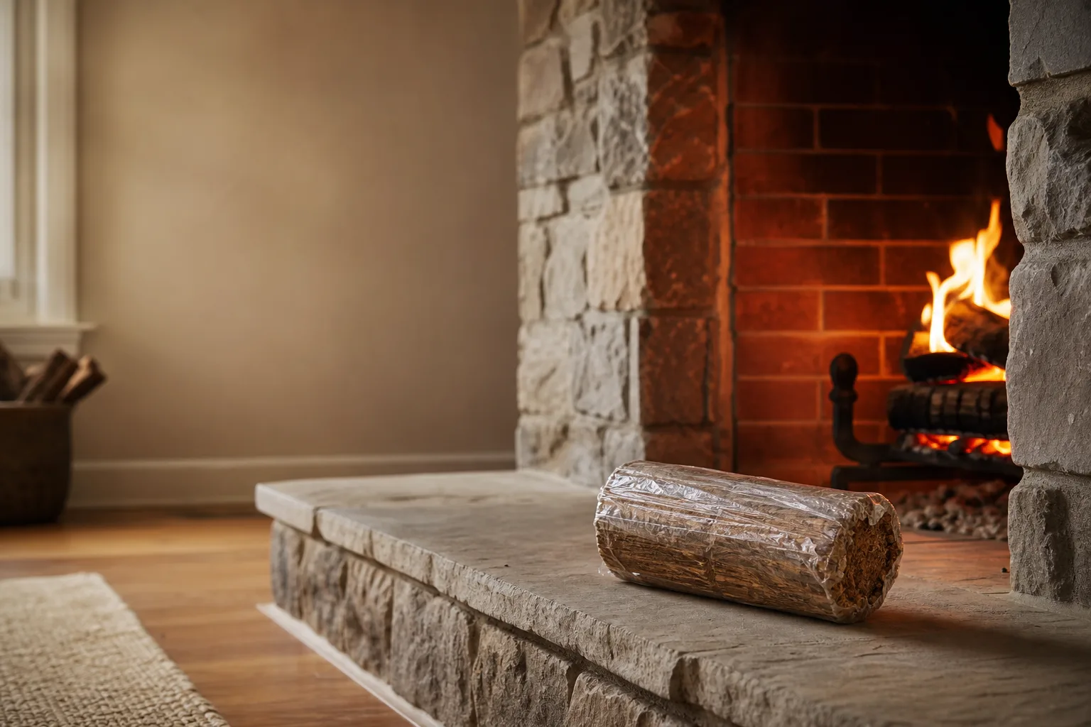 Creosote log resting on a stone hearth beside a wood fire in a brick fireplace