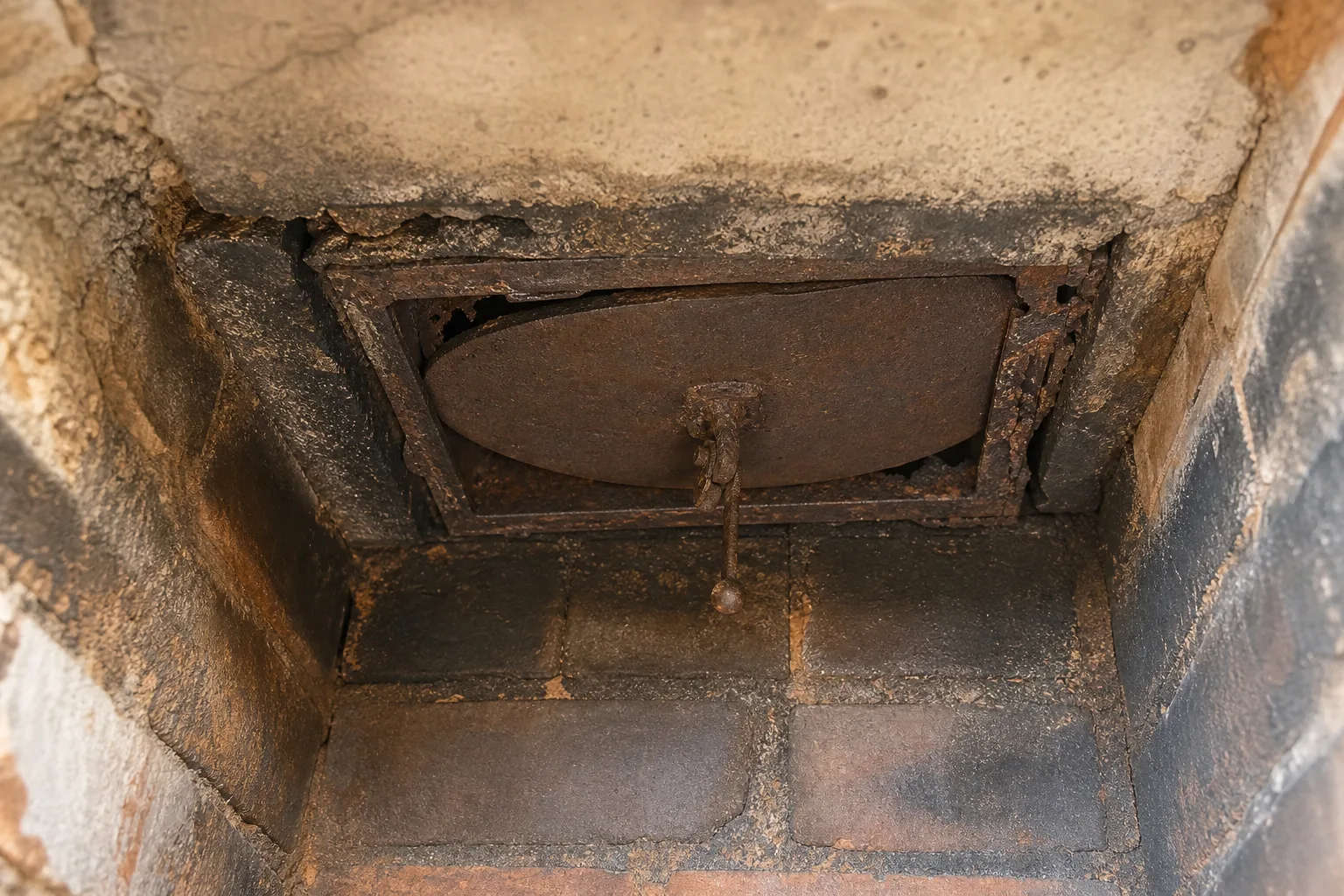 Fireplace damper replacement candidate: a rusted throat damper plate sitting crooked in its frame