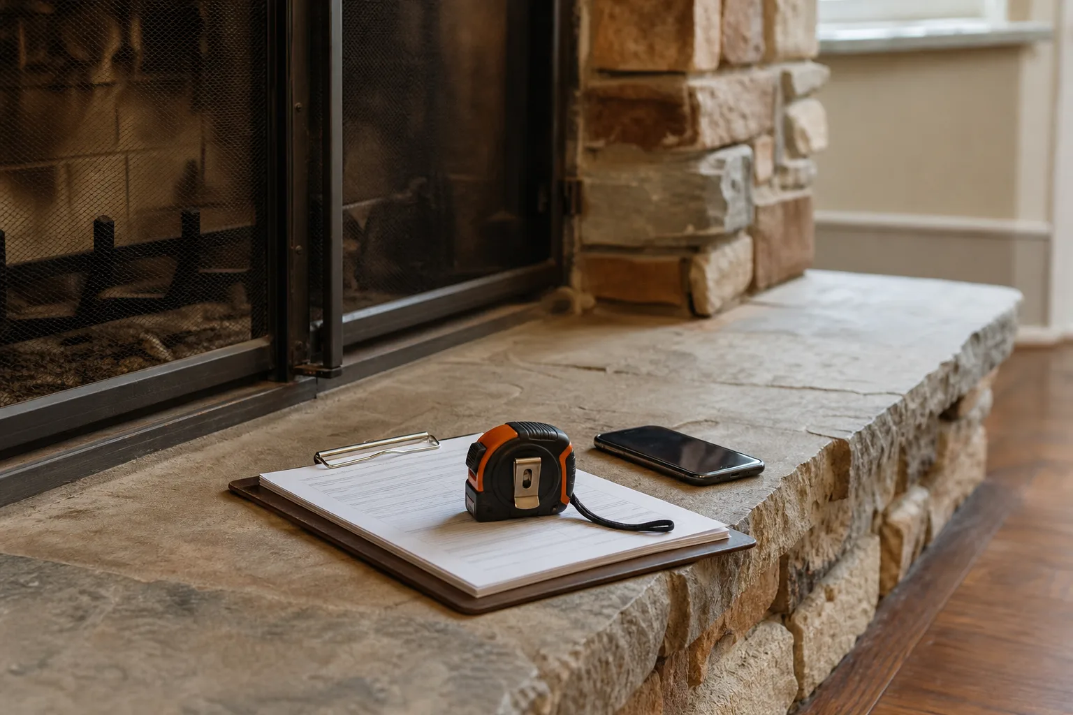 Fireplace damper replacement estimate: paperwork and a tape measure on the hearth