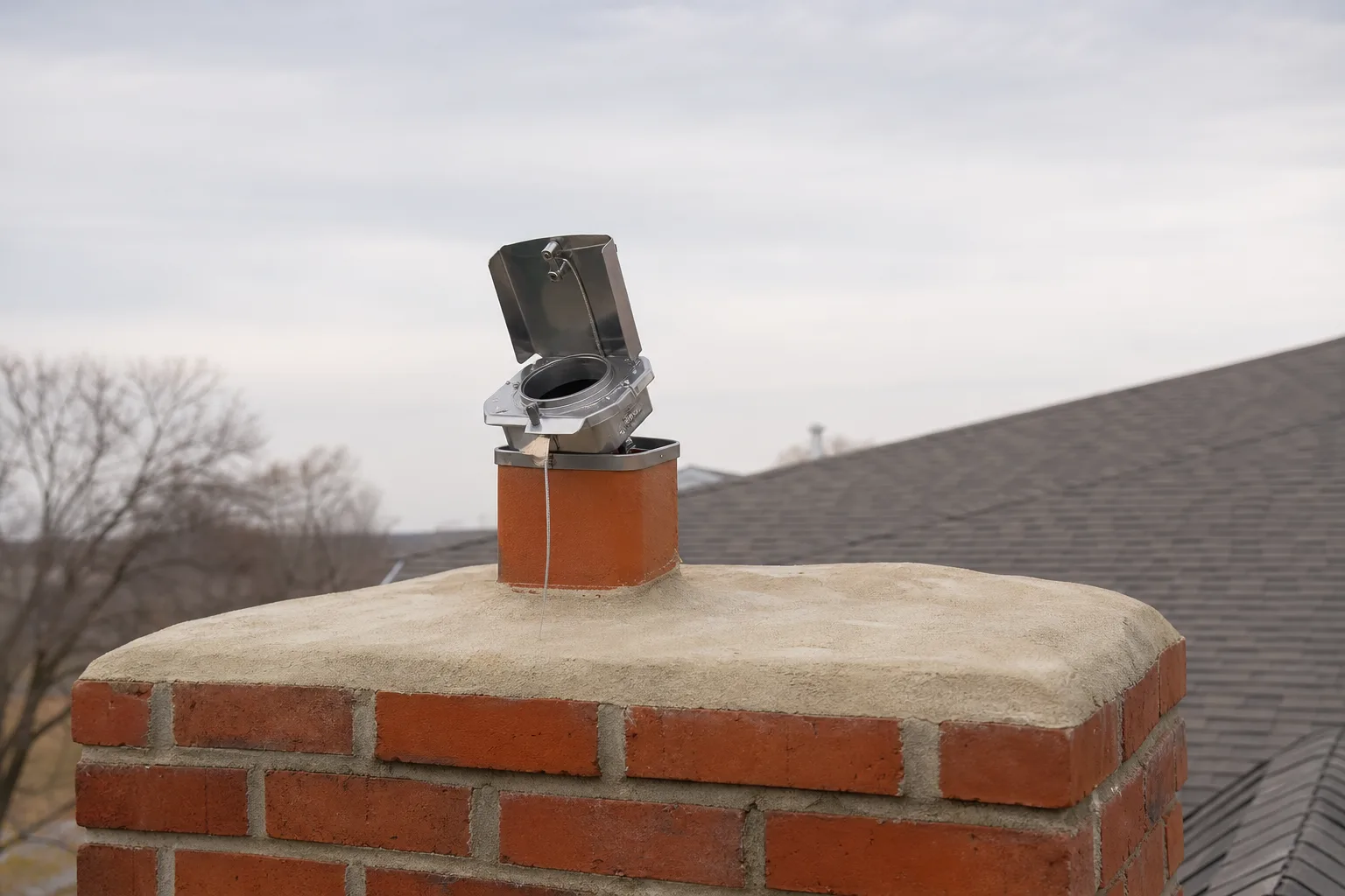 Fireplace damper replacement at the top: a top-sealing damper mounted on the chimney crown