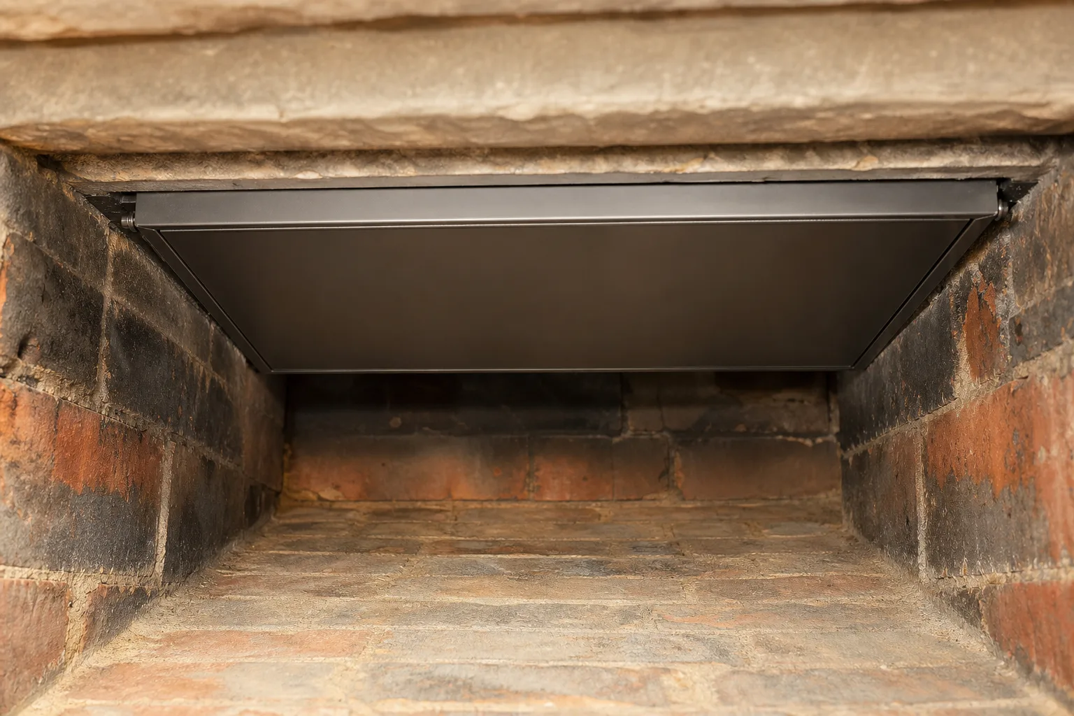 Fireplace damper replacement result: a sound damper plate seated square in an intact throat frame