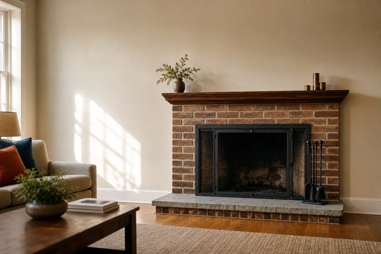 Fireplace damper replacement starts at a cold, unlit brick fireplace in a living room