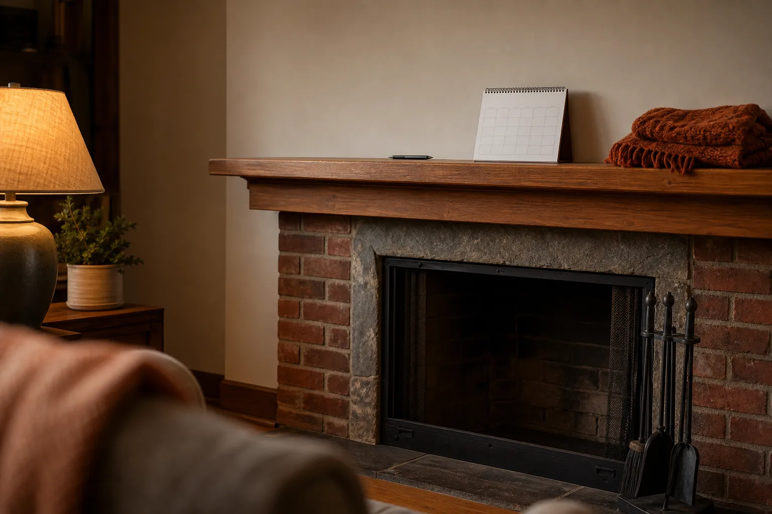 Unlit brick fireplace in a warm living room with a blank calendar on the mantel