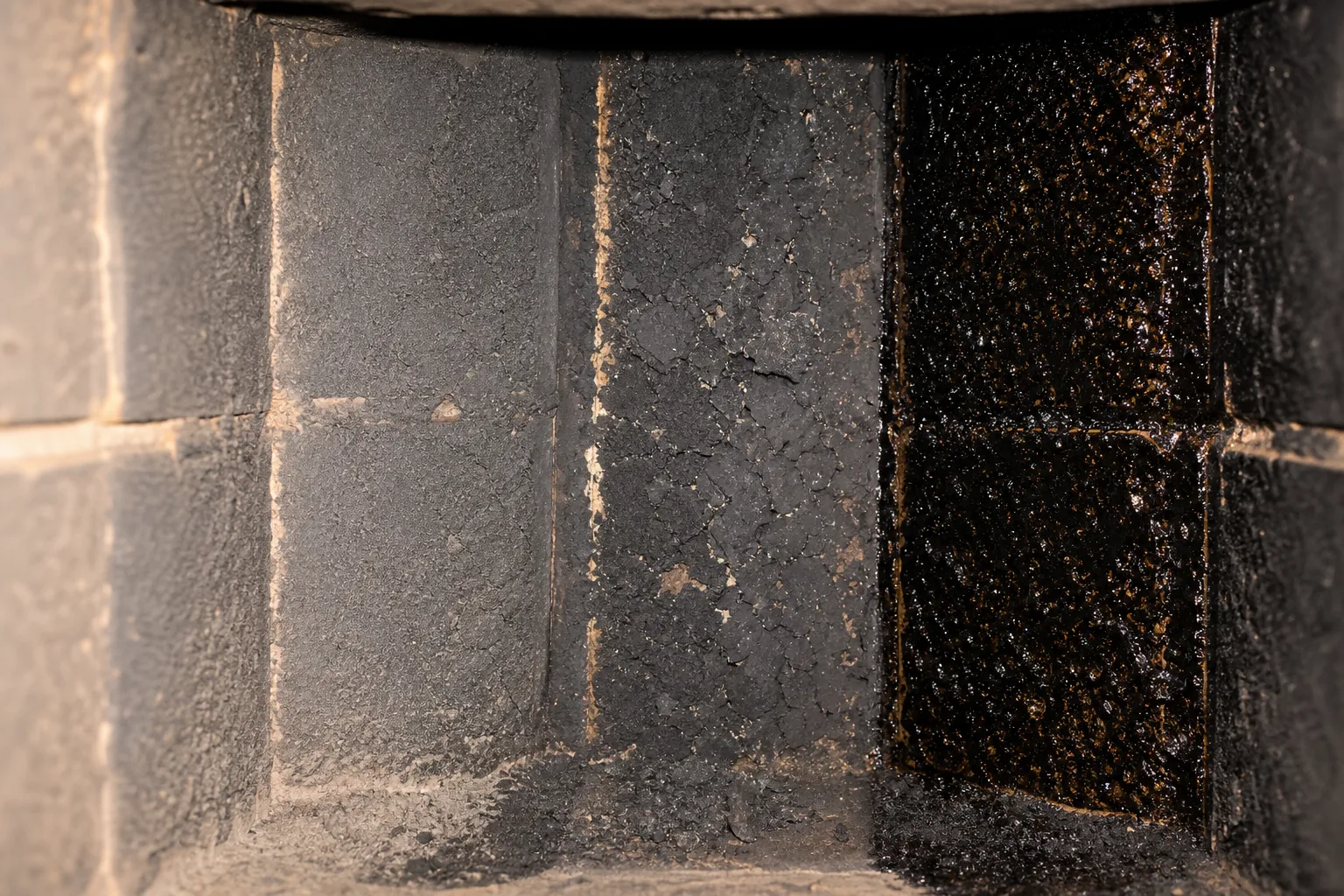Powdery soot, crunchy black flakes and shiny tar glaze compared on flue liner sections