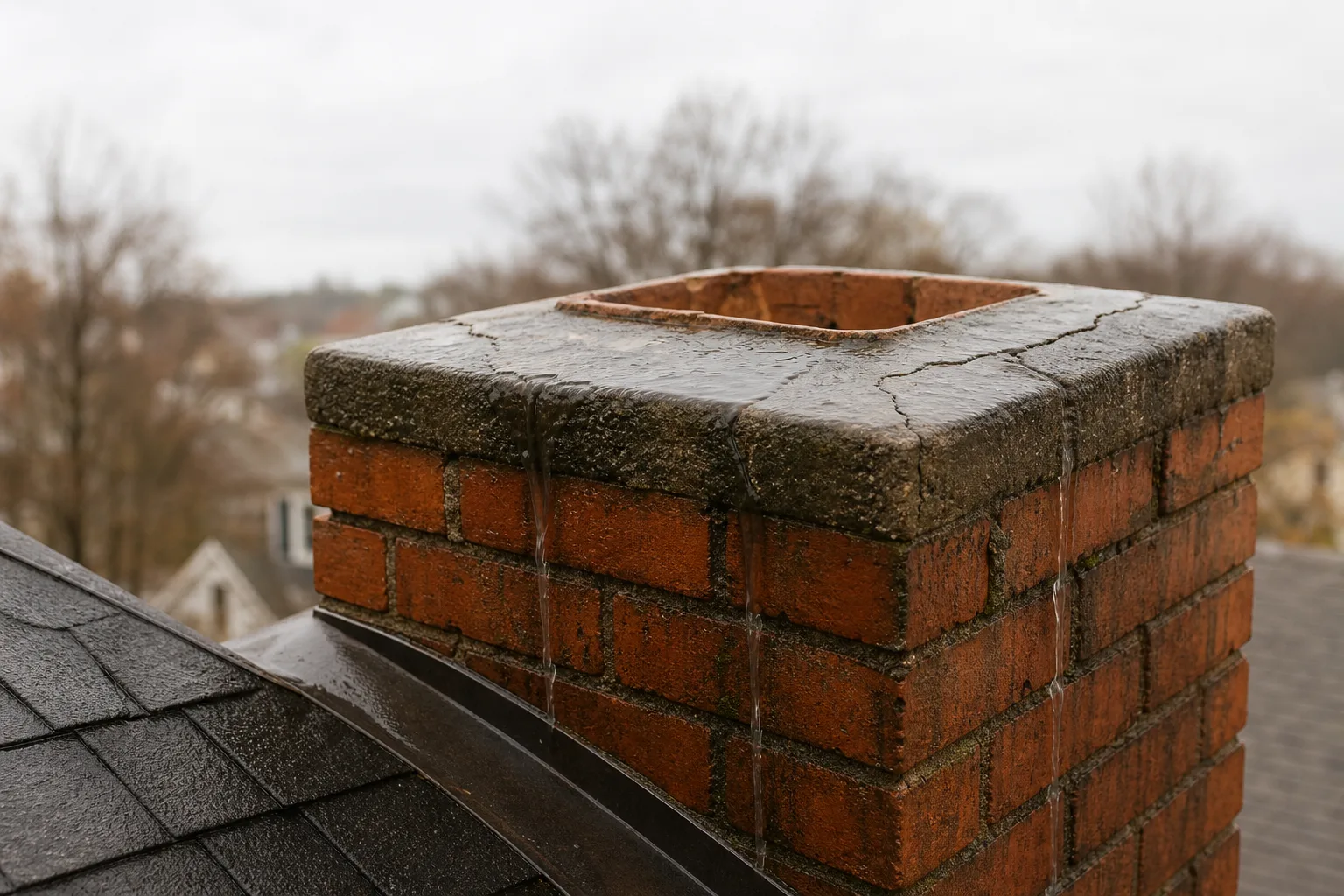 Rain soaking a capless brick chimney crown with cracked, water-stained masonry