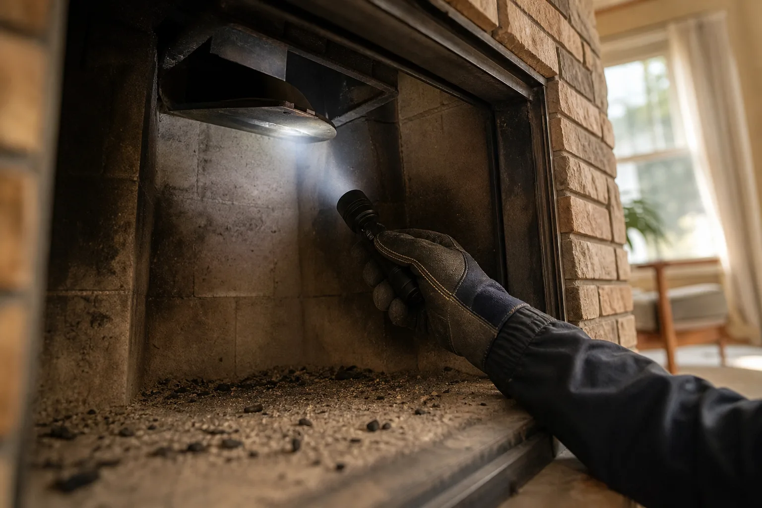 Flashlight beam pointed up past a fireplace damper revealing black flakes and creosote buildup signs