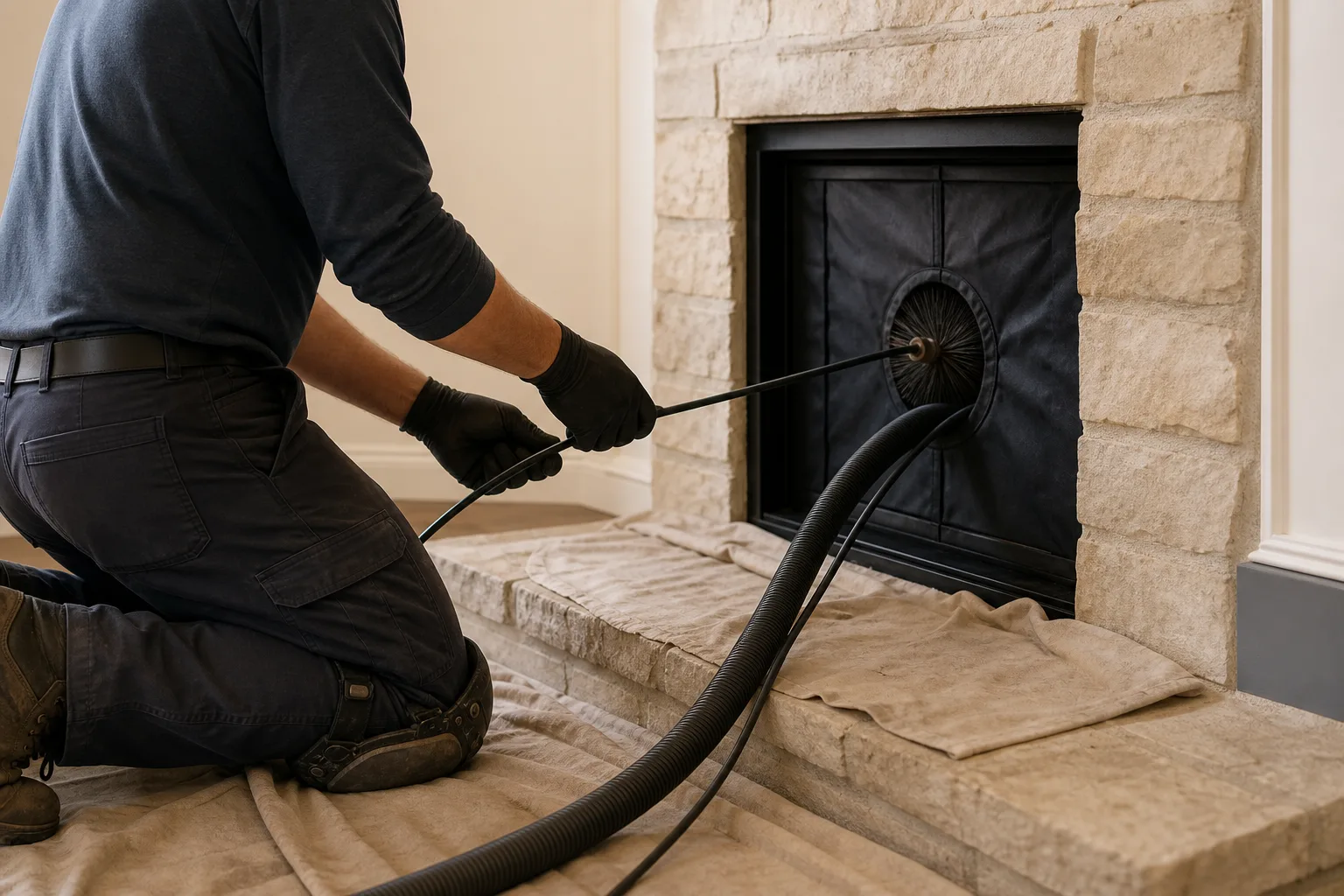 Technician feeding brush rods into a flue beside a HEPA vacuum and drop cloths
