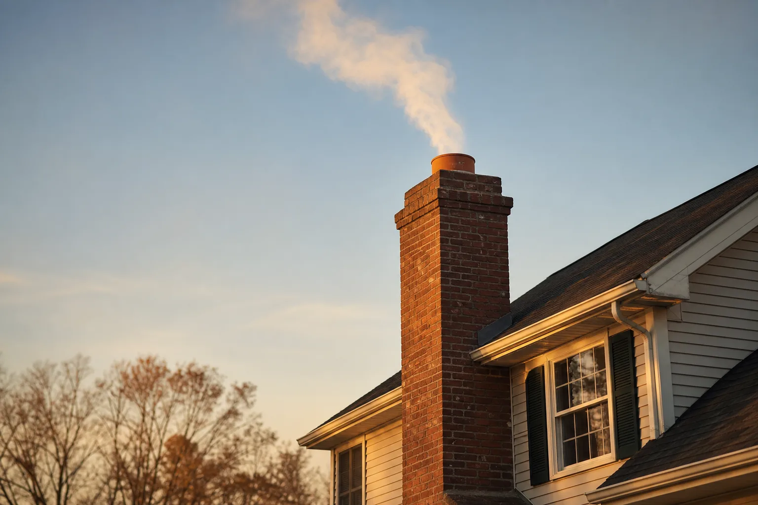 Wood smoke drifting from a clay flue tile atop a suburban brick chimney at dusk