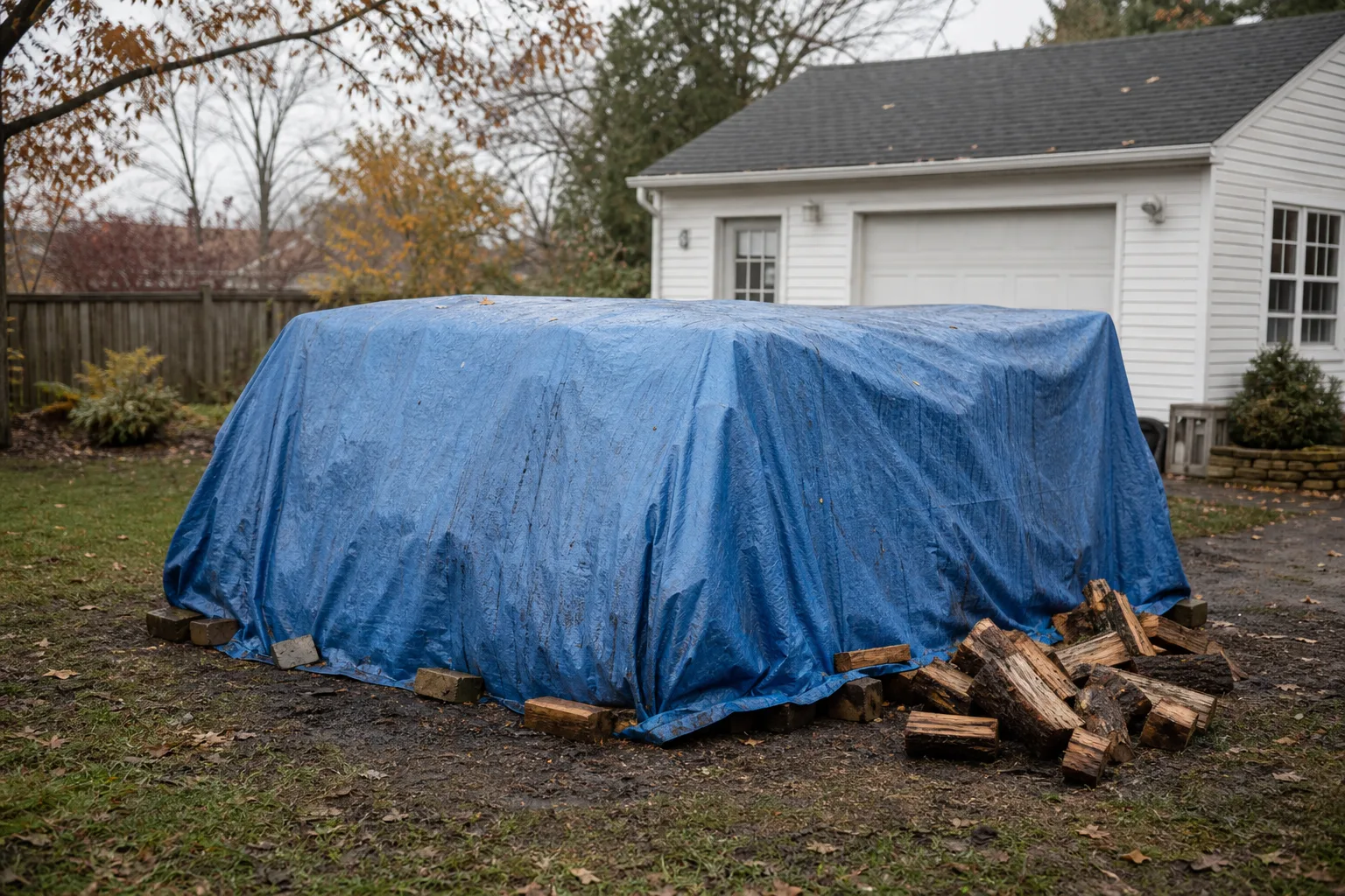 Firewood moisture meter problem at the source: a woodpile tarped to the ground and trapping moisture