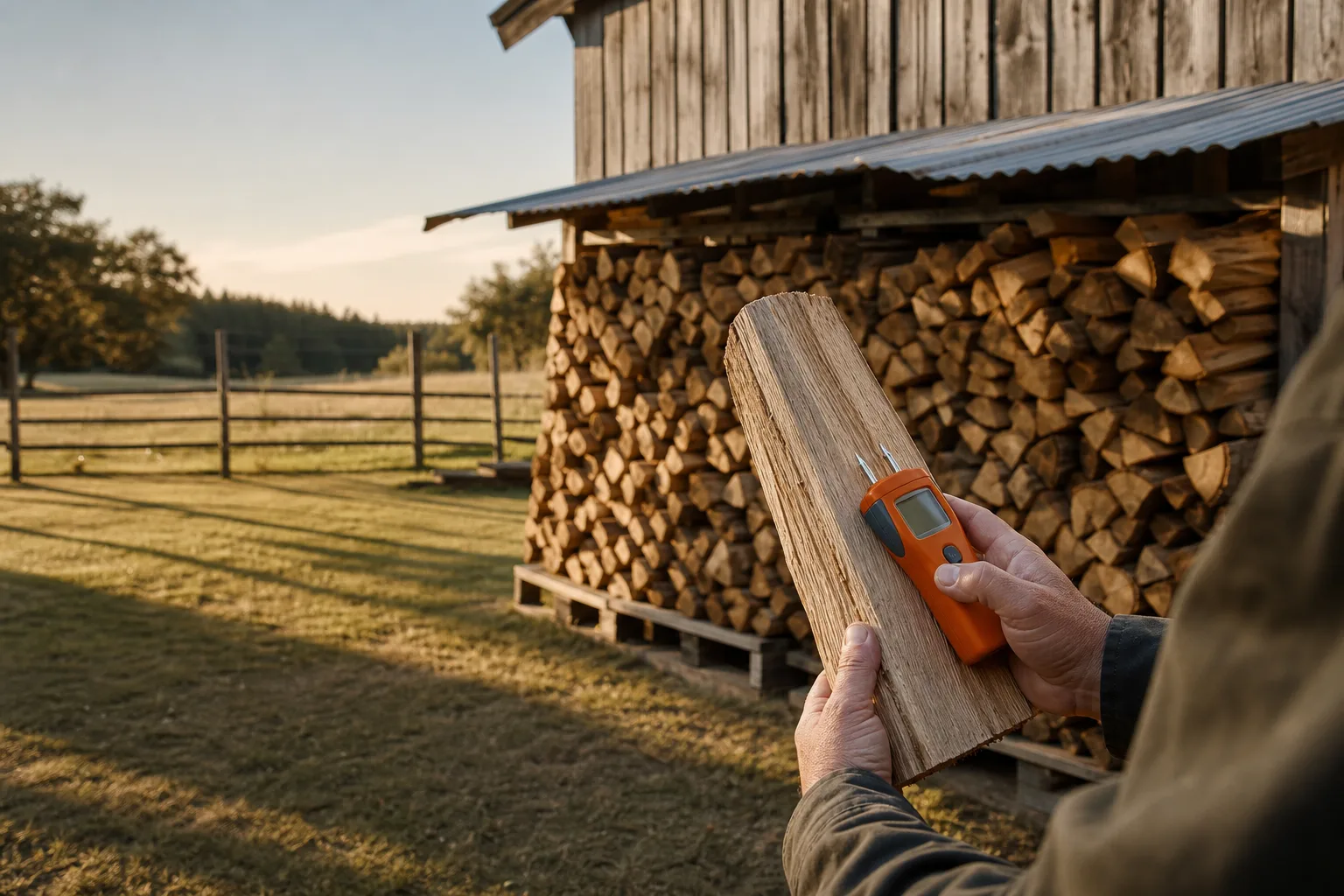 Firewood moisture meter held over a freshly split oak log beside a stacked woodpile Firewood moisture meter held over a freshly split oak log beside a stacked woodpile