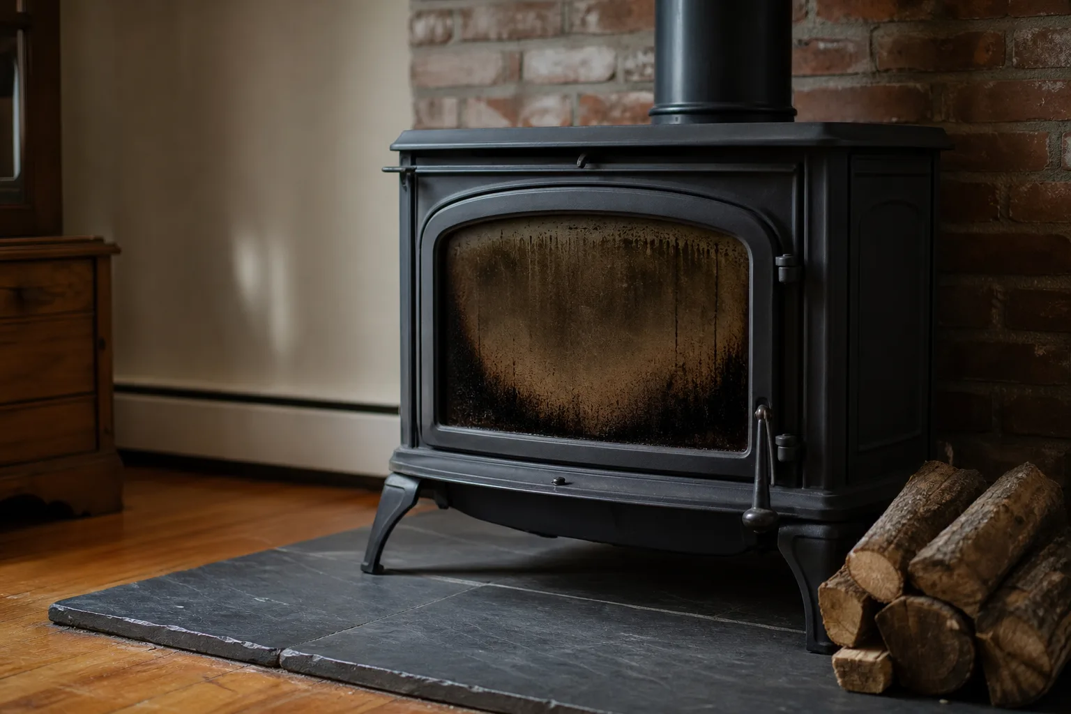 Firewood moisture meter guidance in practice: wood stove glass blackened by burning wet wood