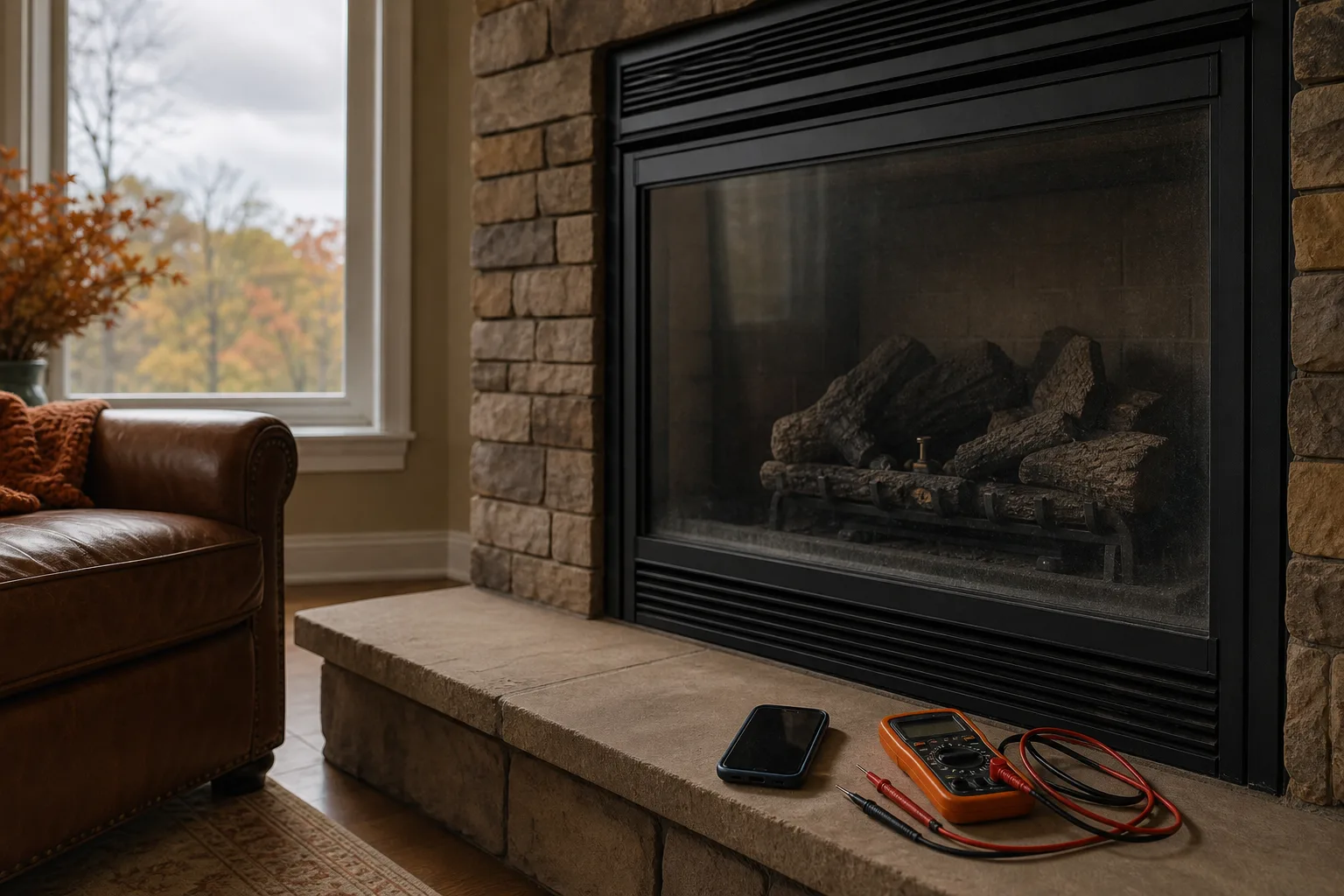 gas fireplace shuts off after 30 minutes, a dark firebox with unlit ceramic logs and a multimeter on the hearth