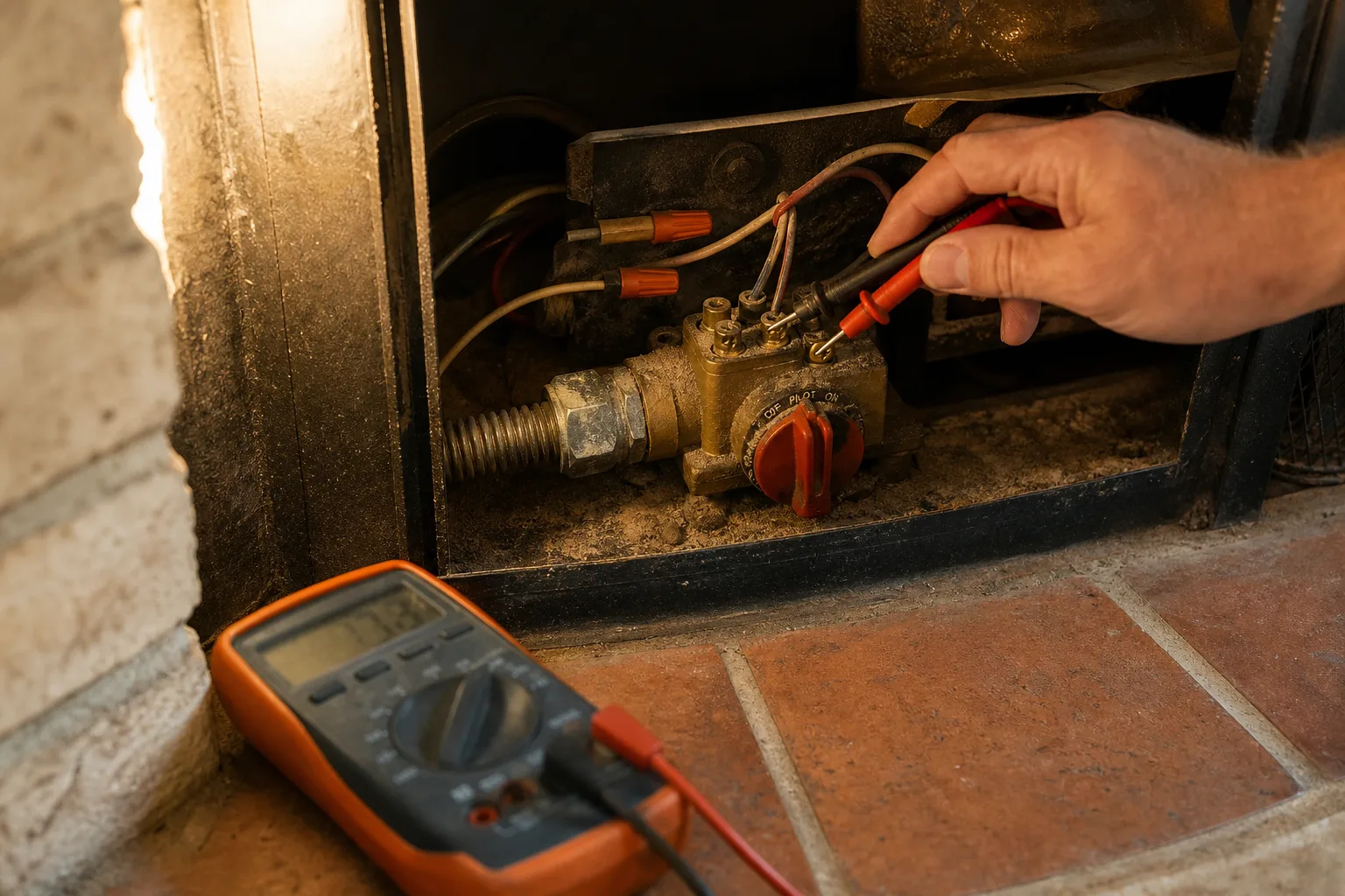gas fireplace shuts off after 30 minutes, multimeter probes on the millivolt gas valve terminals