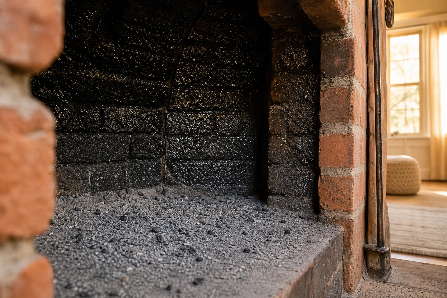 Black creosote buildup coating flue walls above an ashy brick firebox in summer daylight