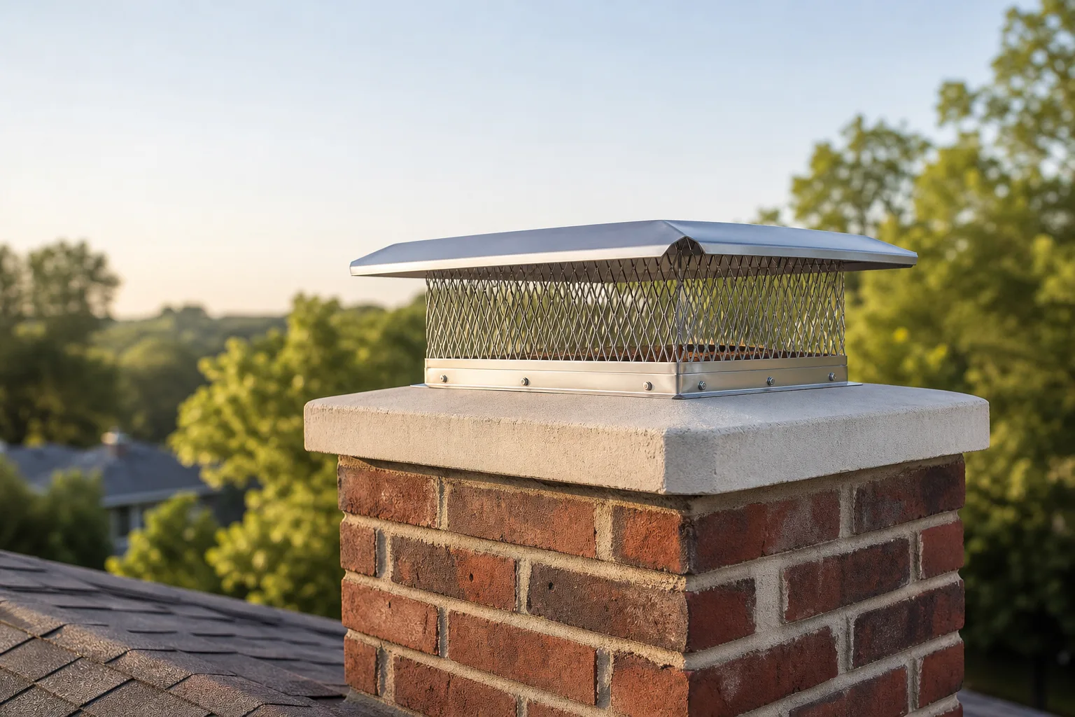 Stainless steel chimney cap with mesh screen secured over a clean crown in spring