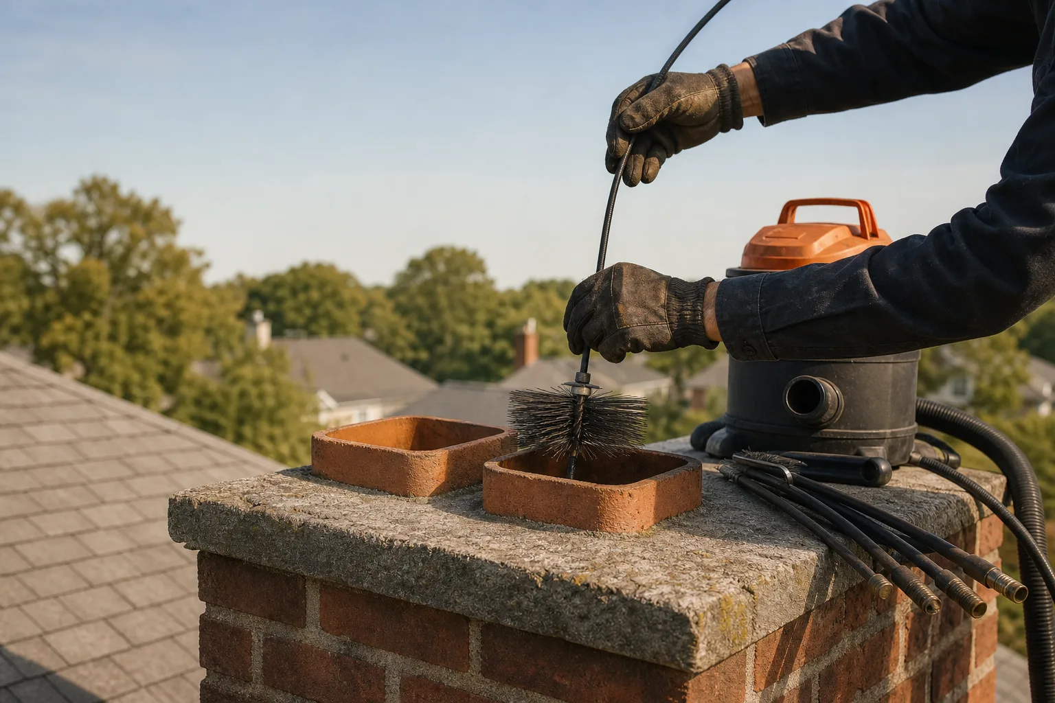 Gloved hands lowering a chimney sweep brush into an open clay flue on a rooftop