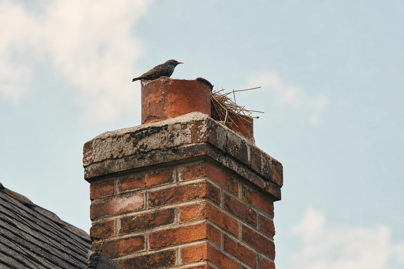 Bird perched at an uncapped chimney flue with nesting twigs poking from the opening