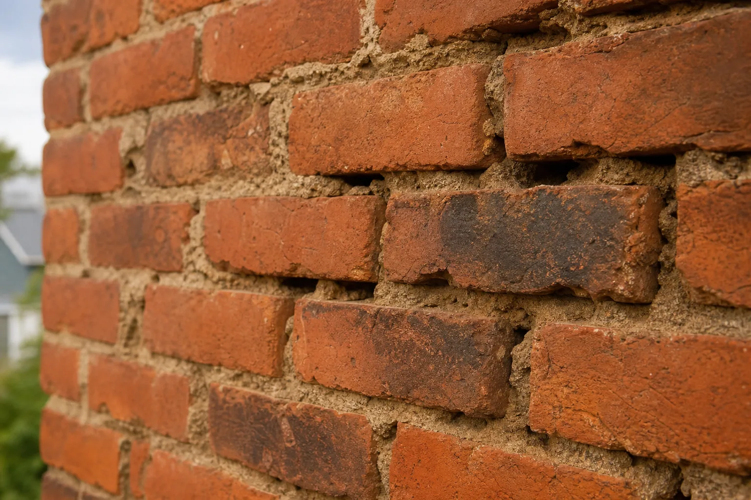 Masonry restoration before: brick wall with deteriorated, eroded mortar joints in typical worn condition