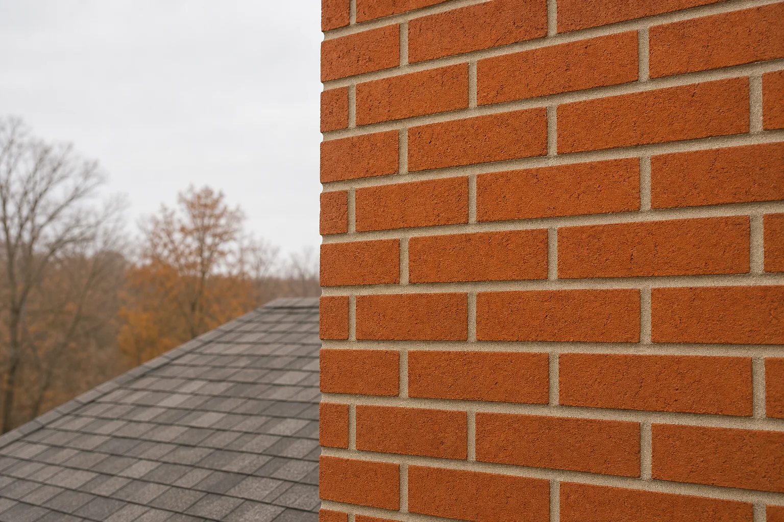 Masonry restoration after: the same style of brick wall with sound, properly tooled mortar joints