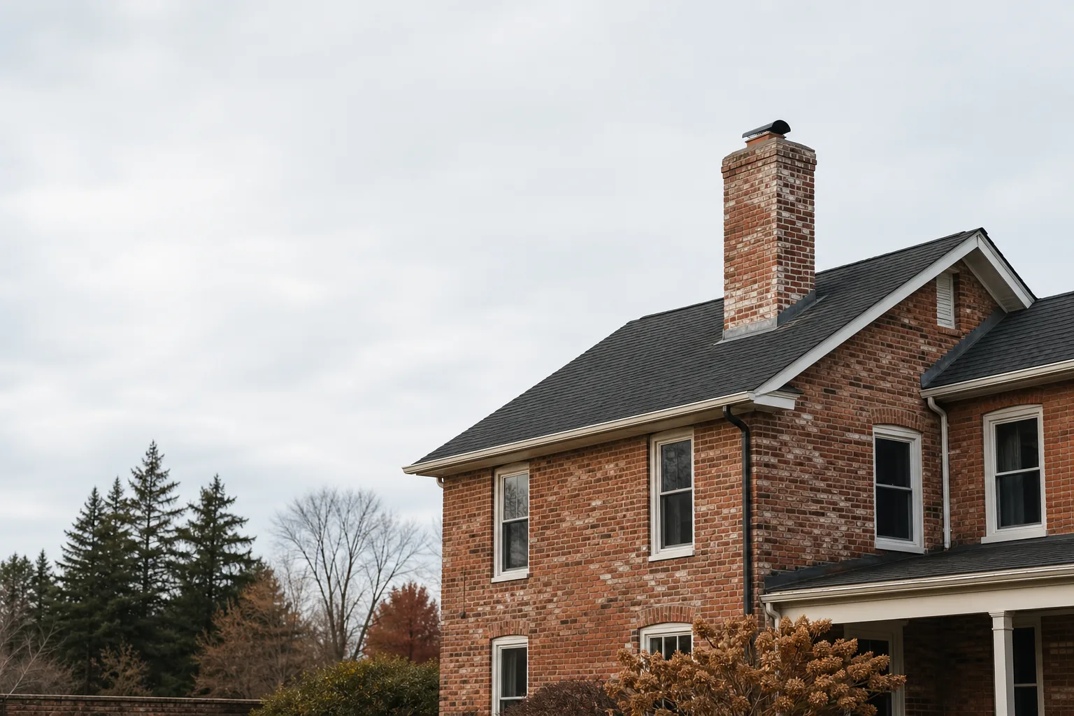 Masonry restoration on a weathered brick chimney and wall of an older home