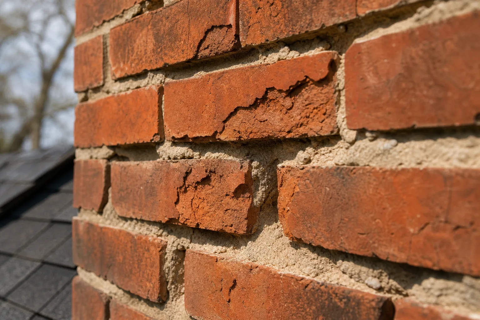 Masonry restoration close-up showing failed mortar joints and spalled brick faces
