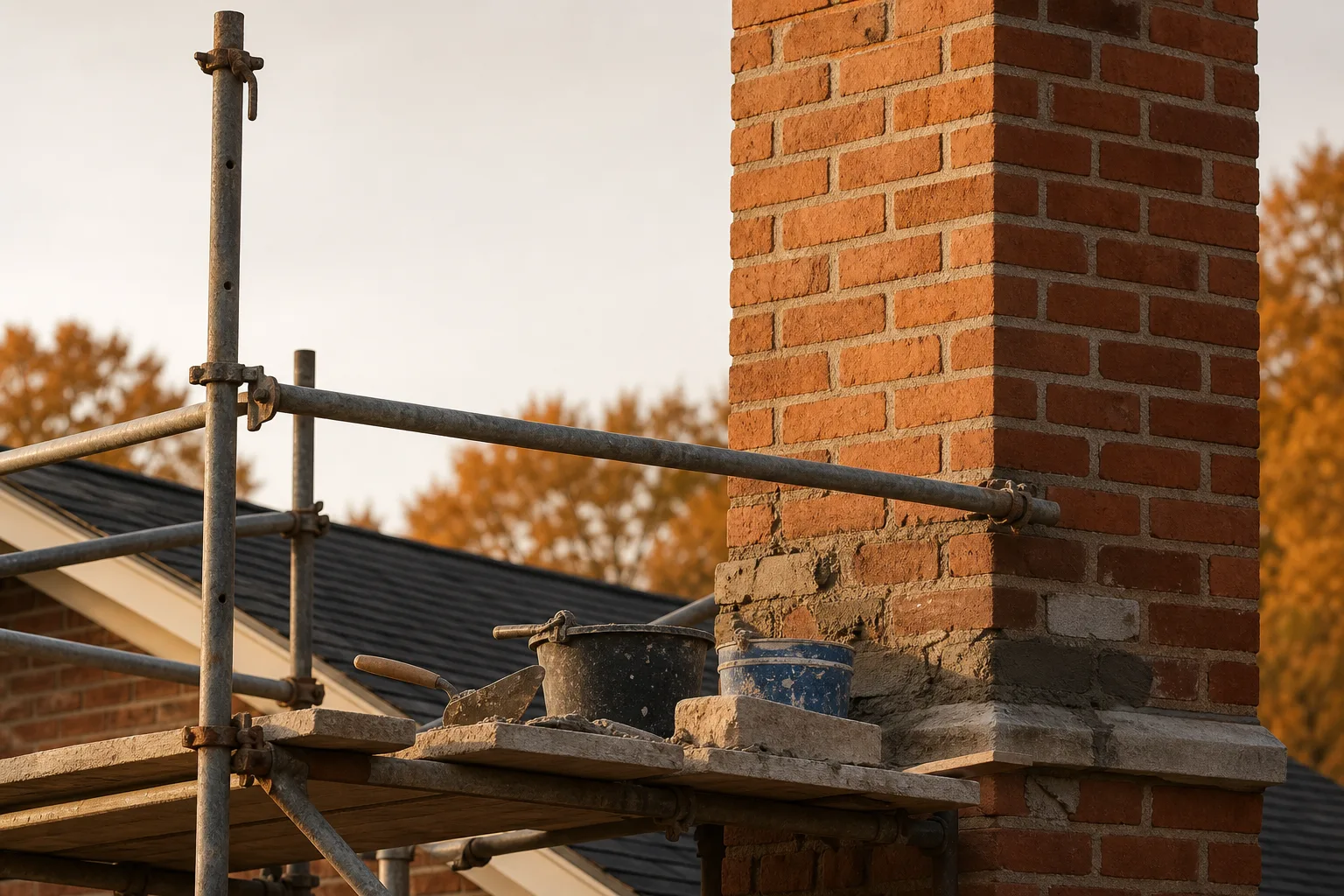 Masonry restoration in progress with scaffolding set against a brick wall