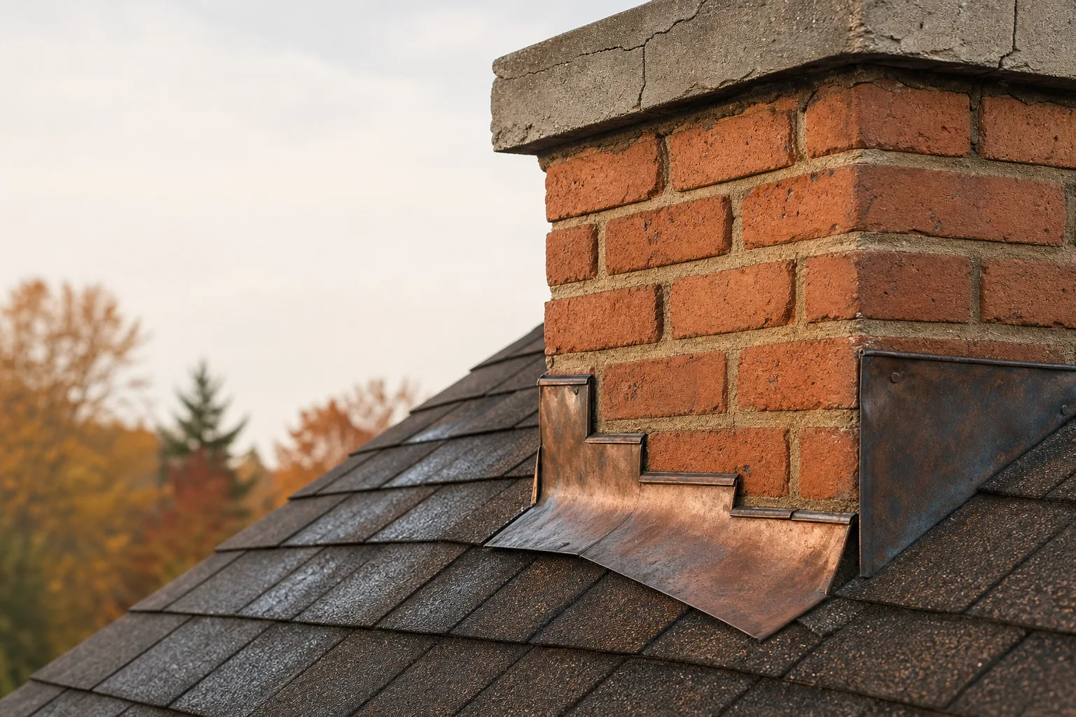 Masonry restoration of a chimney crown and roof flashing where water enters