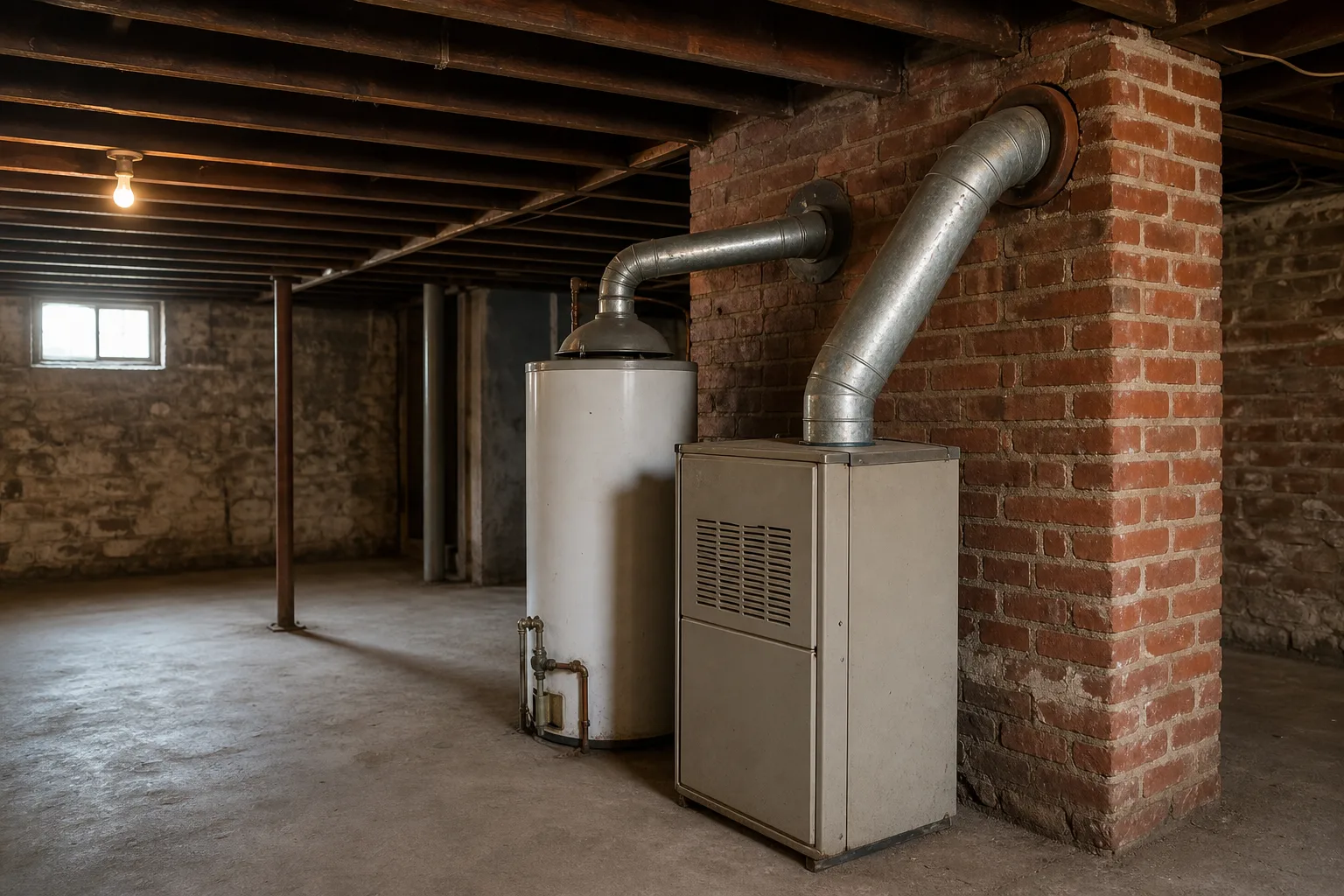 Furnace chimney cleaning starts here: a furnace connector pipe entering a brick chimney beside a water heater