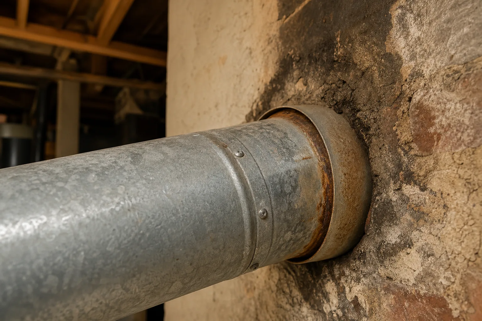 Furnace chimney cleaning detail: the galvanized connector pipe entering the masonry thimble